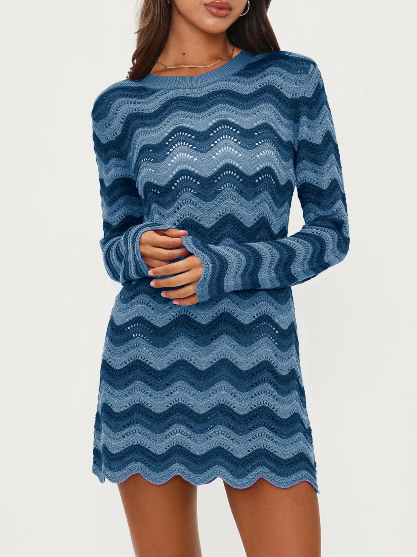 Women's Crochet Colorful Mesh Summer Long Sleeve Cover Ups Casual Striped Beach Wear Knit Mini Dresses