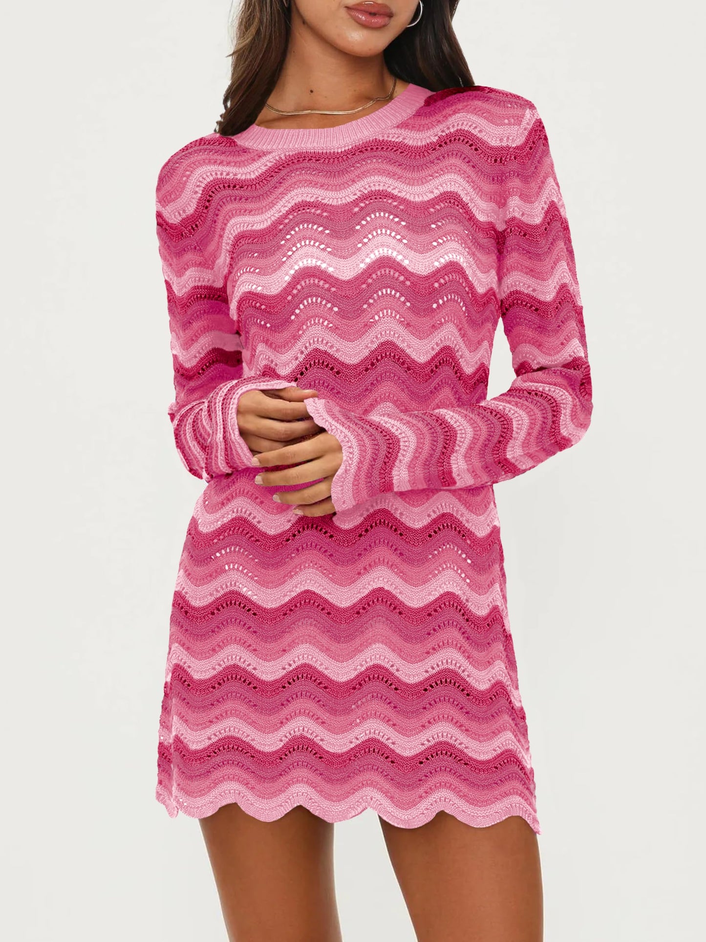 Women's Crochet Colorful Mesh Summer Long Sleeve Cover Ups Casual Striped Beach Wear Knit Mini Dresses