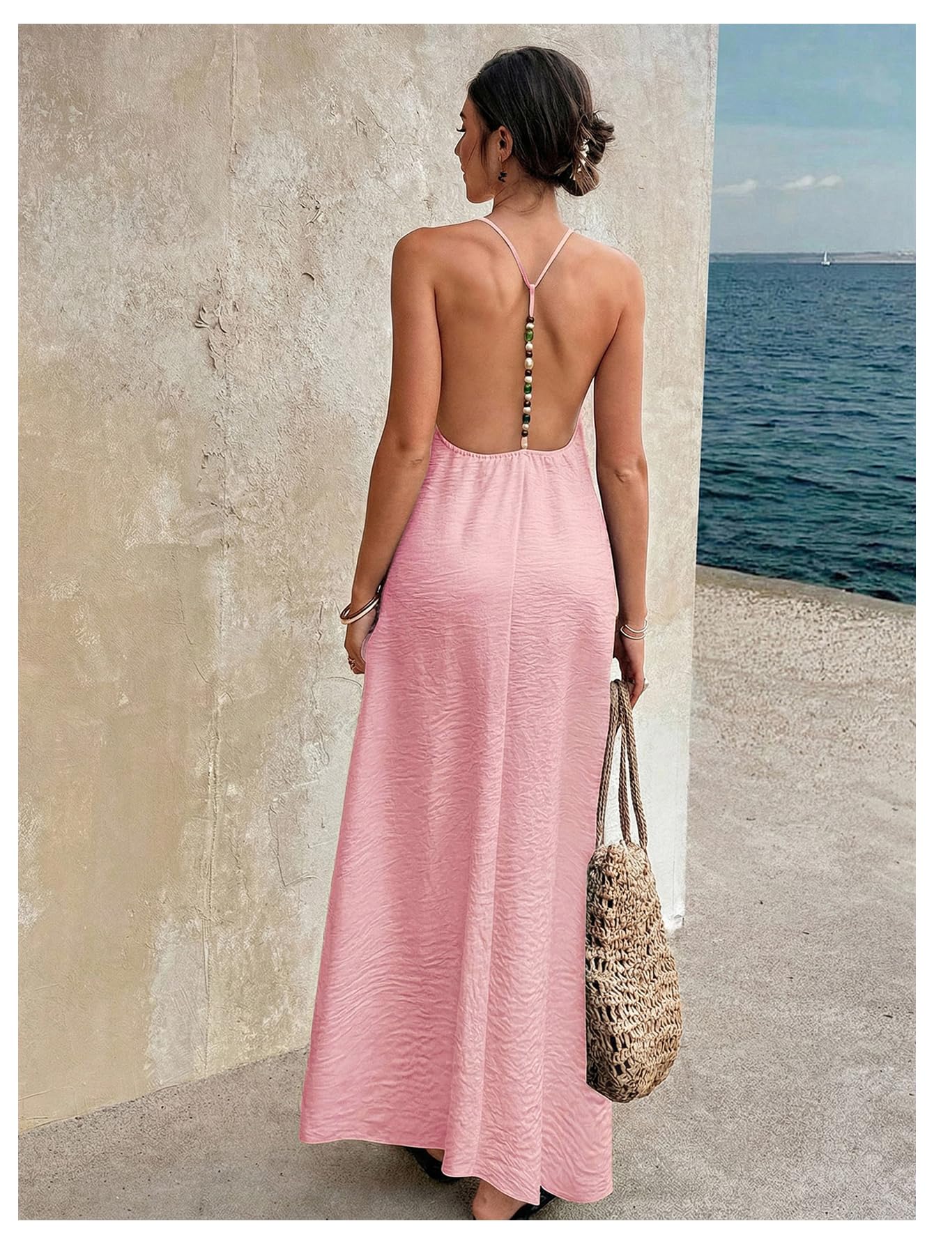 Verdusa Women's Backless Cami Dress Long Maxi Flowy Linen Dresses Summer Vacation Beach Outfits Sun Dress