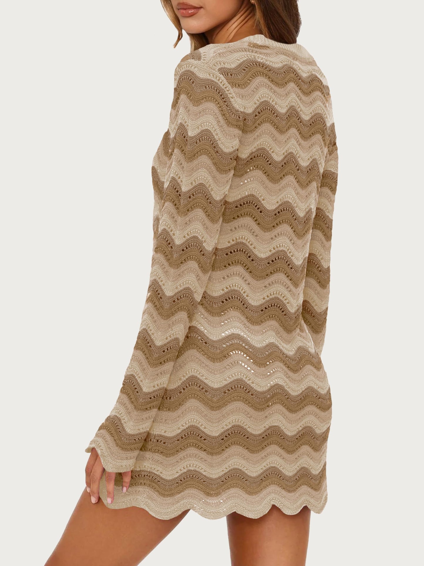 Women's Crochet Colorful Mesh Summer Long Sleeve Cover Ups Casual Striped Beach Wear Knit Mini Dresses