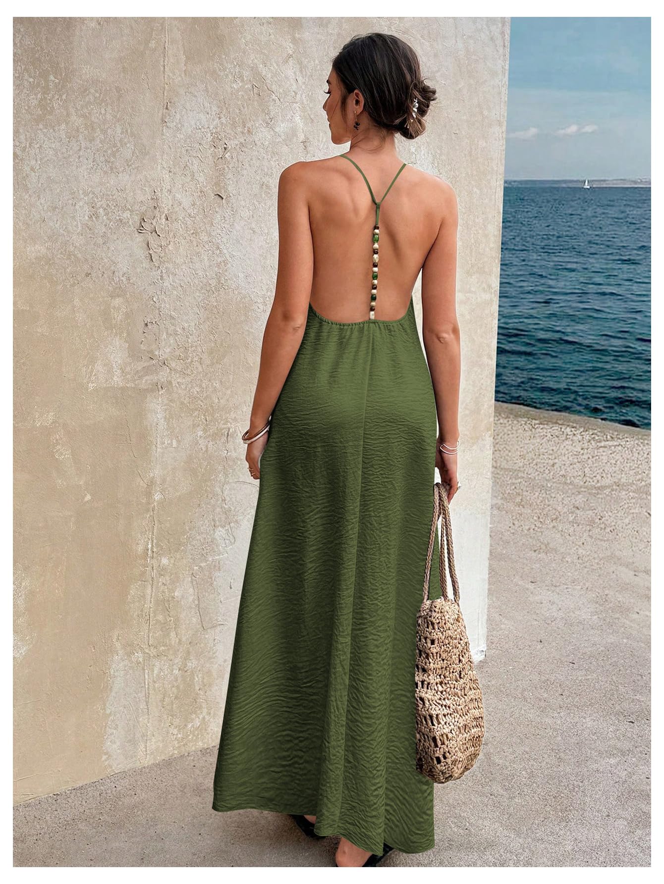 Verdusa Women's Backless Cami Dress Long Maxi Flowy Linen Dresses Summer Vacation Beach Outfits Sun Dress