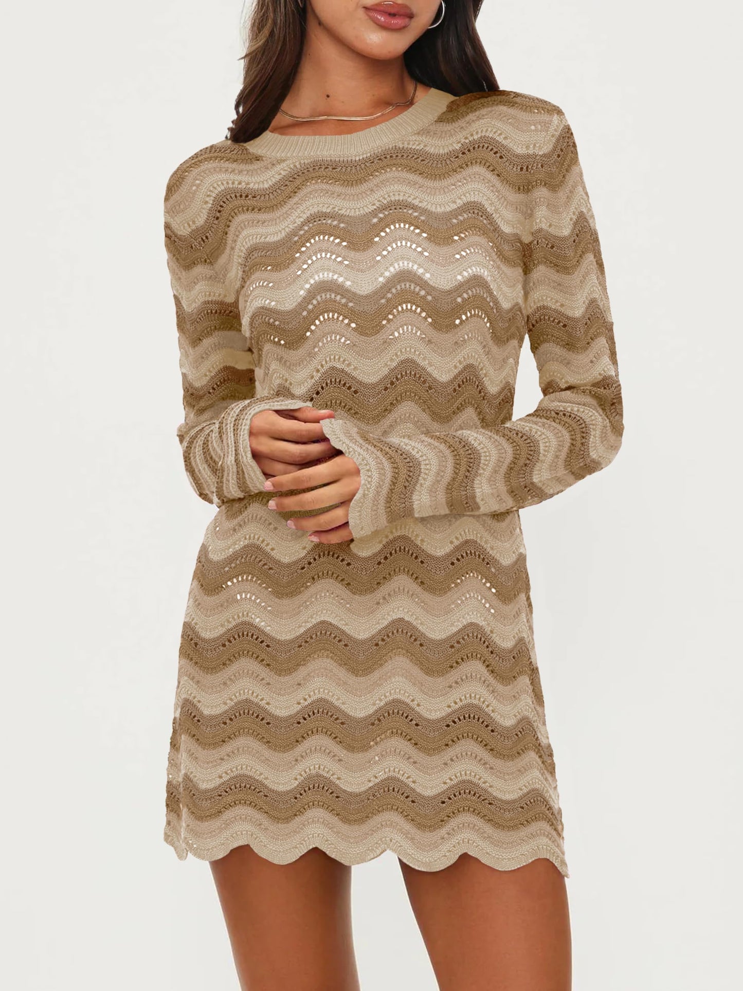 Women's Crochet Colorful Mesh Summer Long Sleeve Cover Ups Casual Striped Beach Wear Knit Mini Dresses