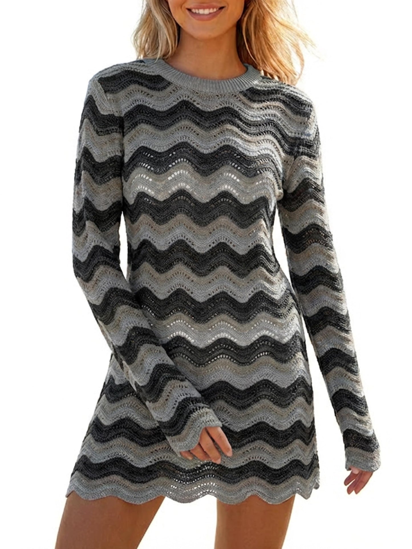 Women's Crochet Colorful Mesh Summer Long Sleeve Cover Ups Casual Striped Beach Wear Knit Mini Dresses