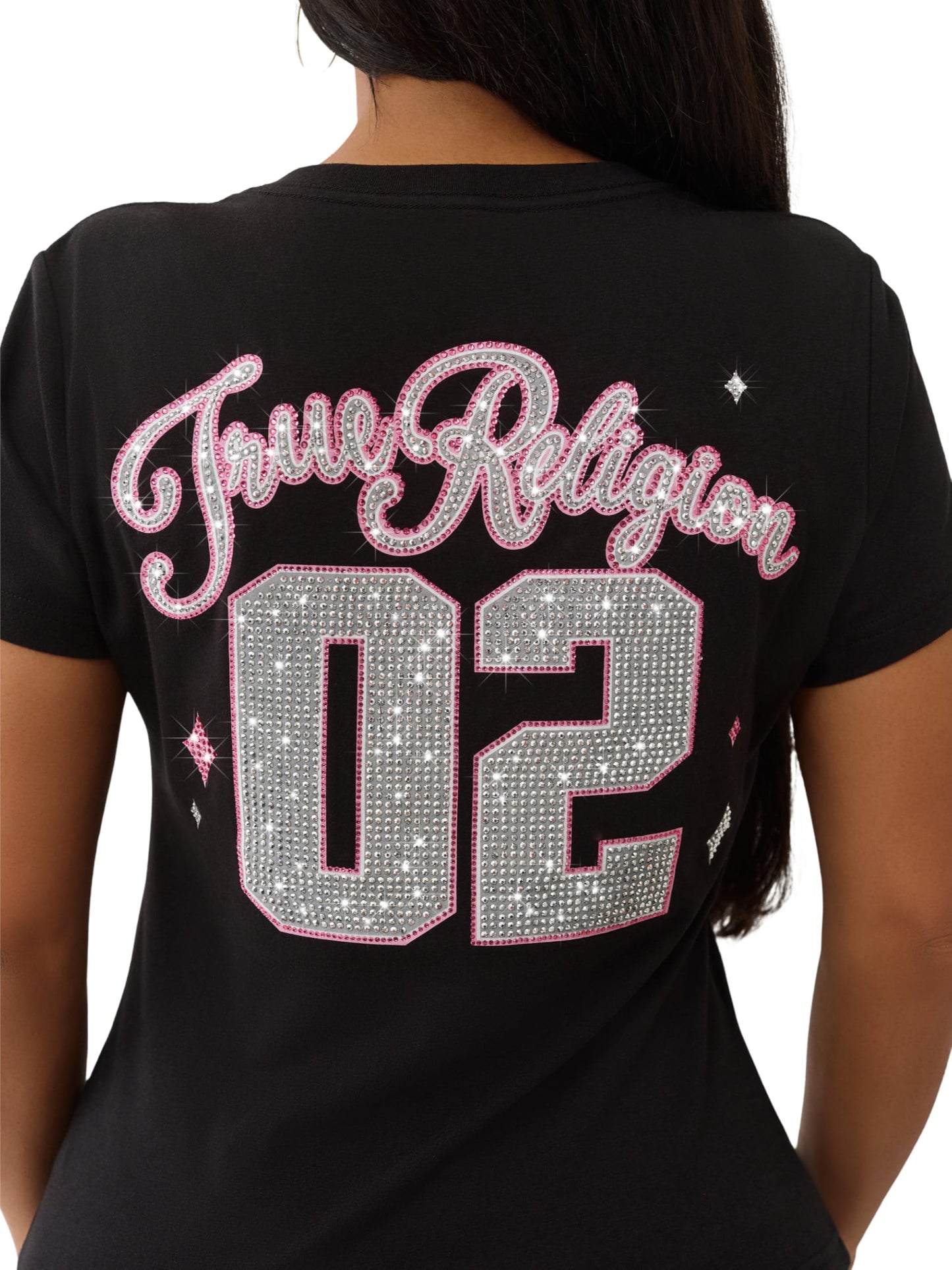 True Religion Women's Sporty Crystal V-Neck Tee – Short Sleeve Rhinestone Graphic T-Shirt