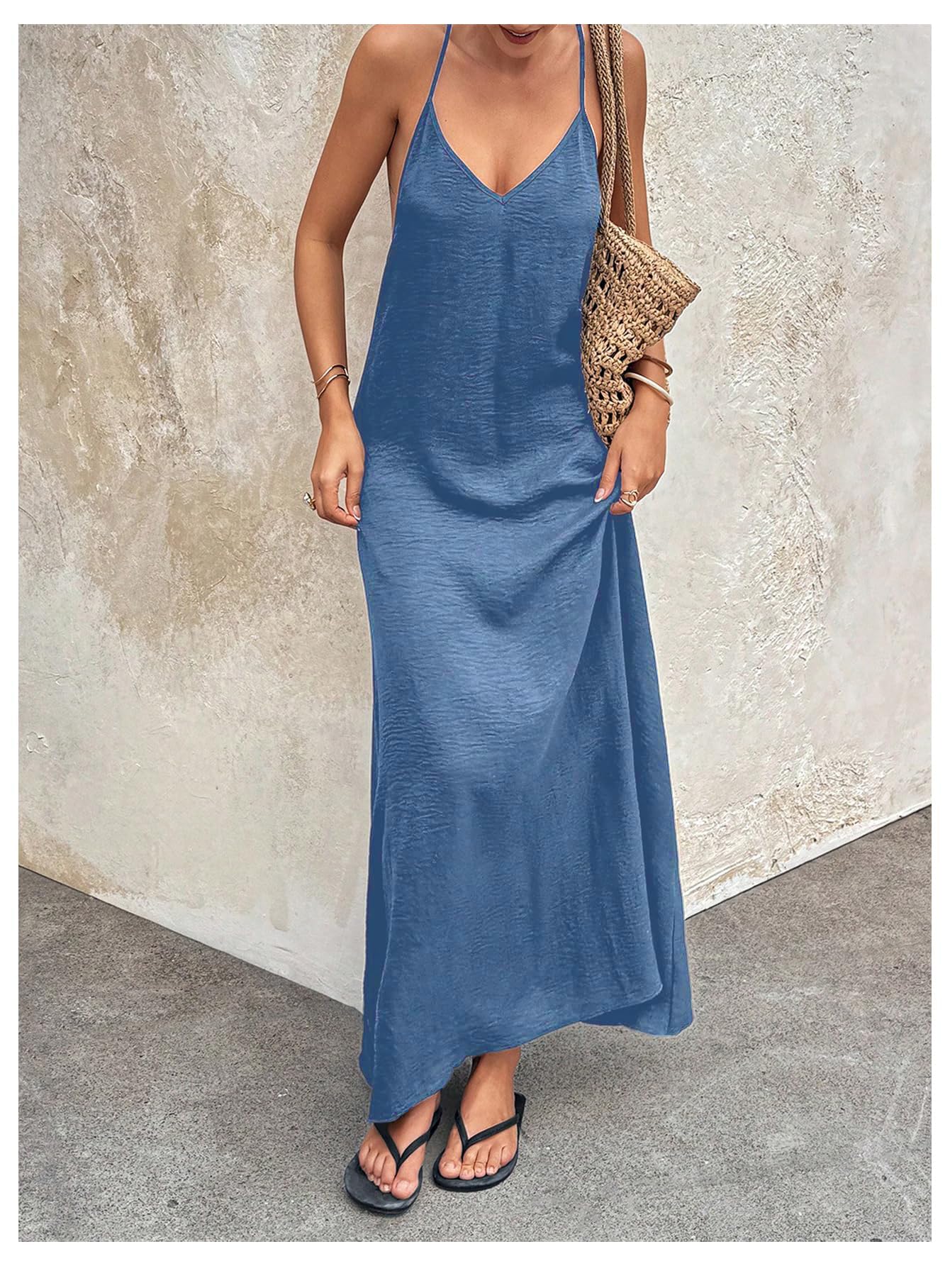 Verdusa Women's Backless Cami Dress Long Maxi Flowy Linen Dresses Summer Vacation Beach Outfits Sun Dress