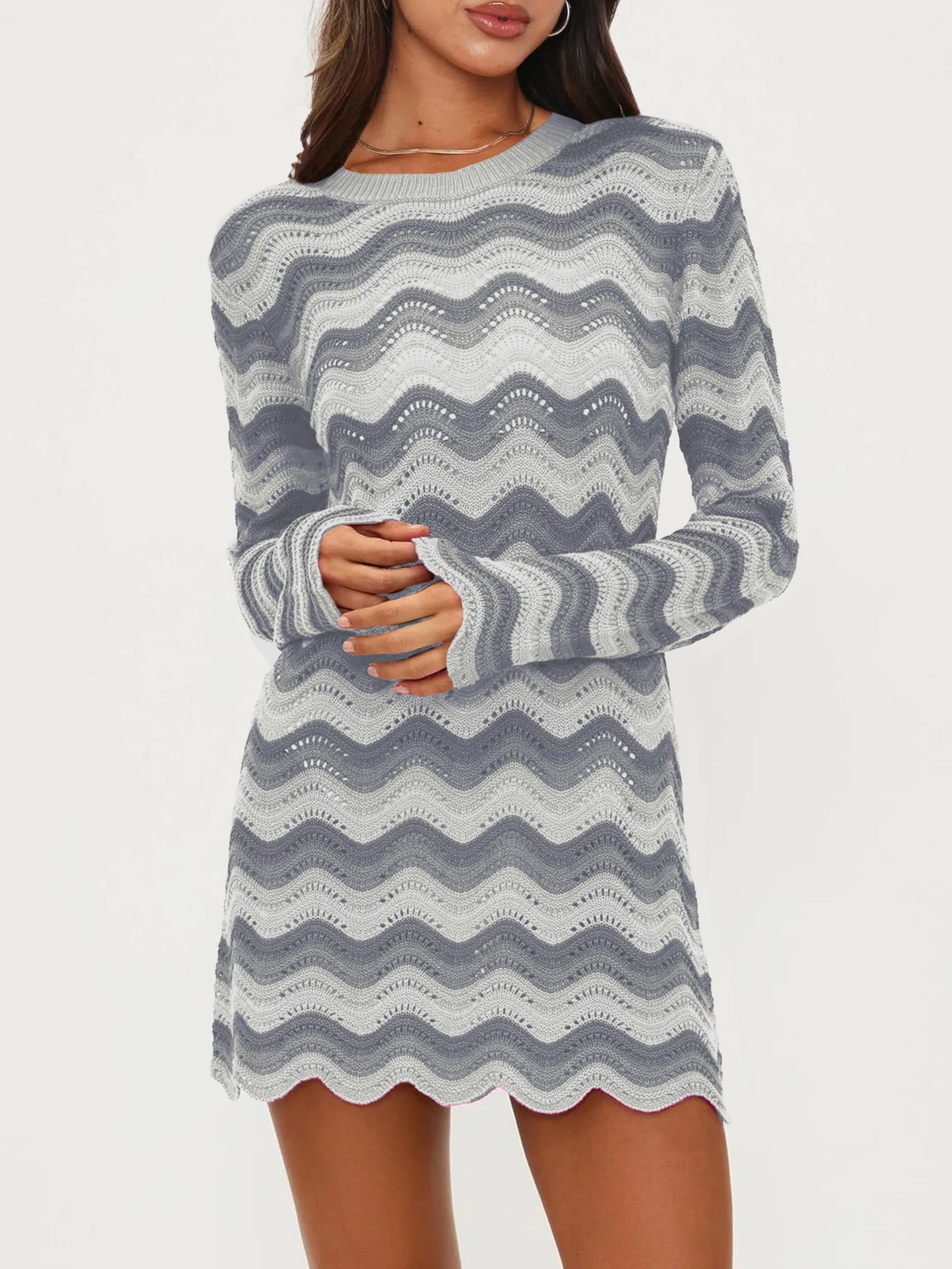Women's Crochet Colorful Mesh Summer Long Sleeve Cover Ups Casual Striped Beach Wear Knit Mini Dresses