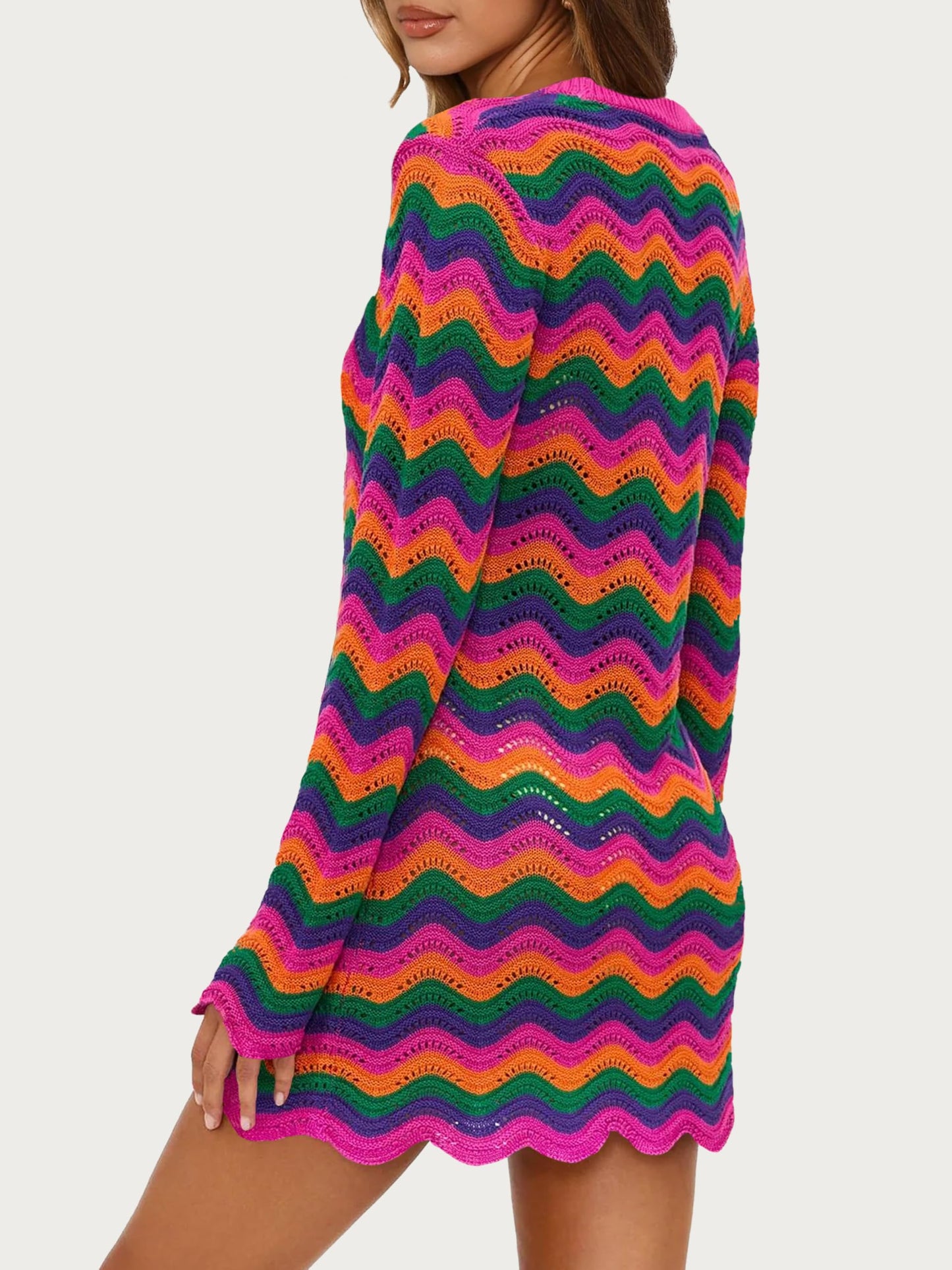 Women's Crochet Colorful Mesh Summer Long Sleeve Cover Ups Casual Striped Beach Wear Knit Mini Dresses