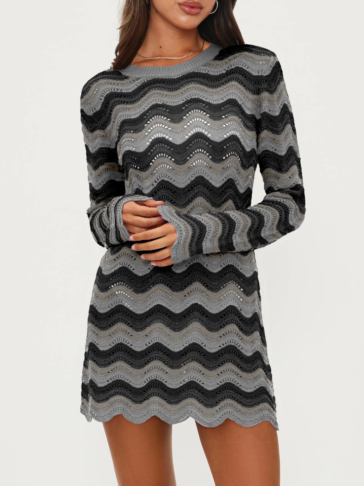 Women's Crochet Colorful Mesh Summer Long Sleeve Cover Ups Casual Striped Beach Wear Knit Mini Dresses