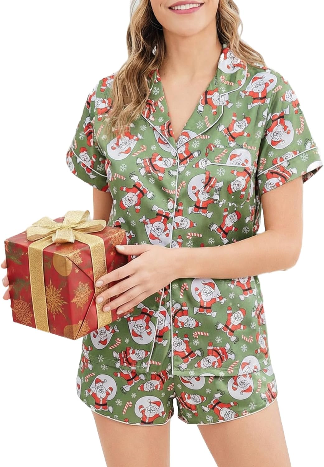 Ekouaer Womens Silk Satin Pajamas Short Sleeve PJS Shorts Set Soft Button Down Sleepwear 2 Piece Loungewear S-5XL