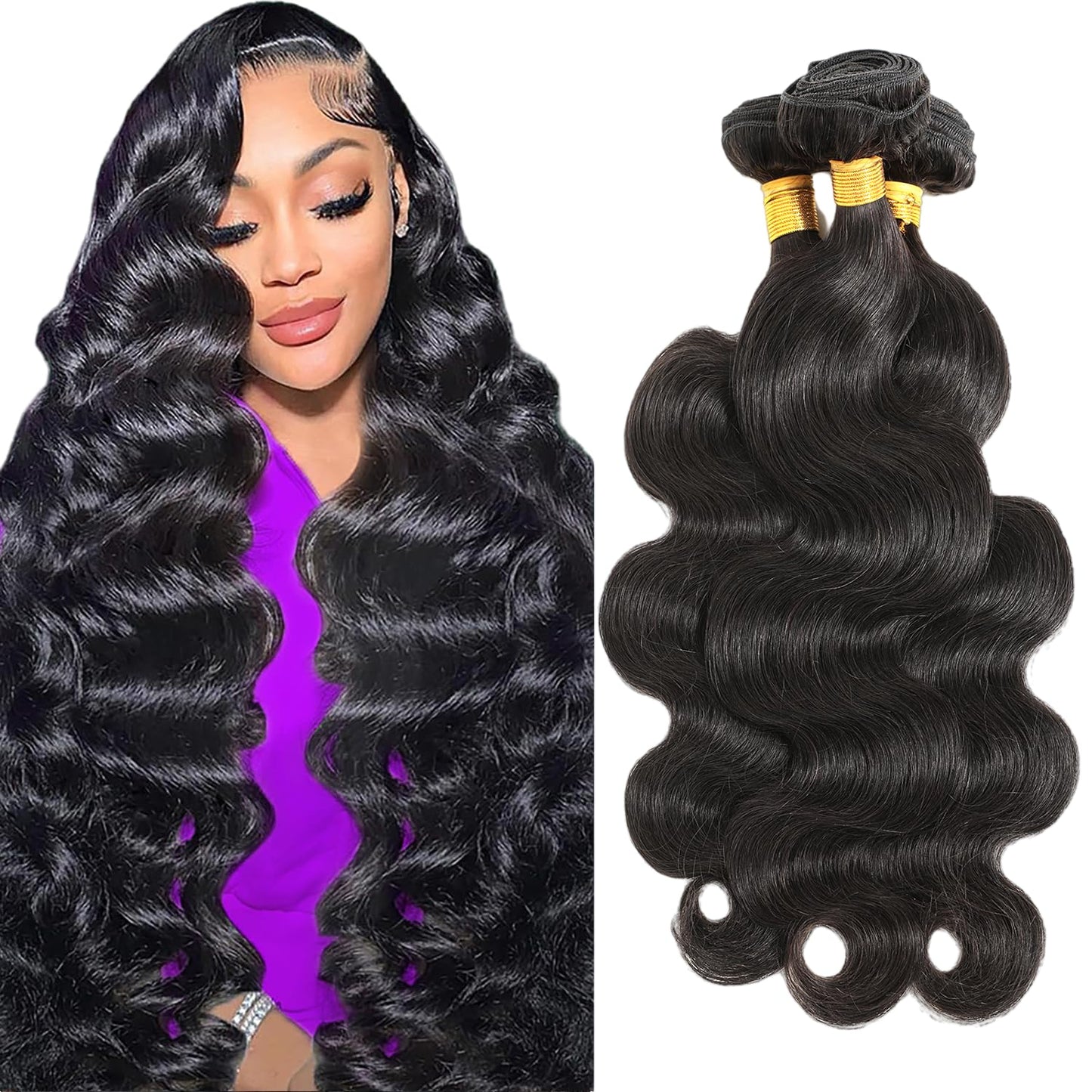 CSCHS 12A Human Hair Bundles 22 24 26 Inch Body Wave Bundles Human Hair 100% Unprocessed Brazilian Virgin Hair Quick Weave Extensions Natural Black