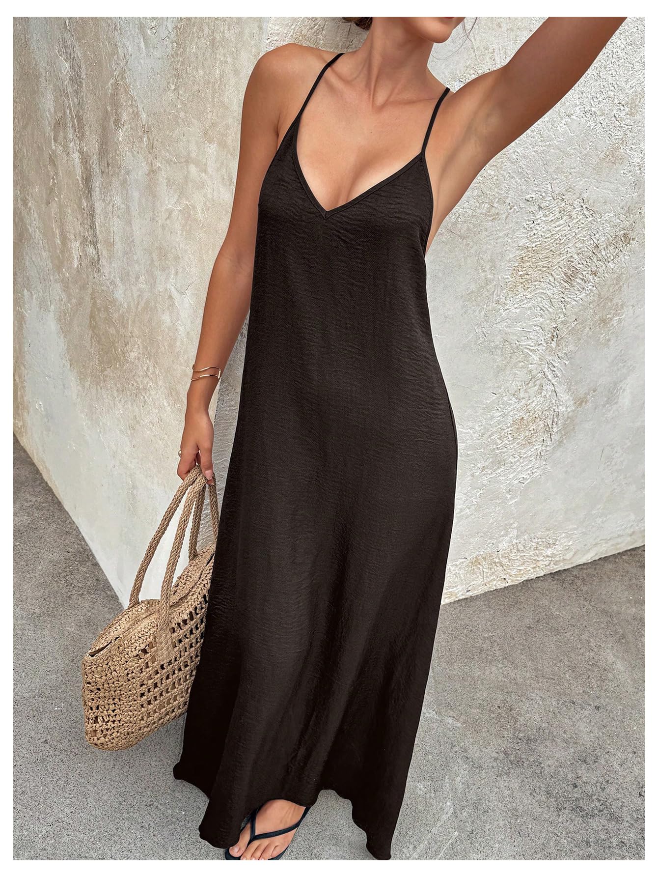 Verdusa Women's Backless Cami Dress Long Maxi Flowy Linen Dresses Summer Vacation Beach Outfits Sun Dress
