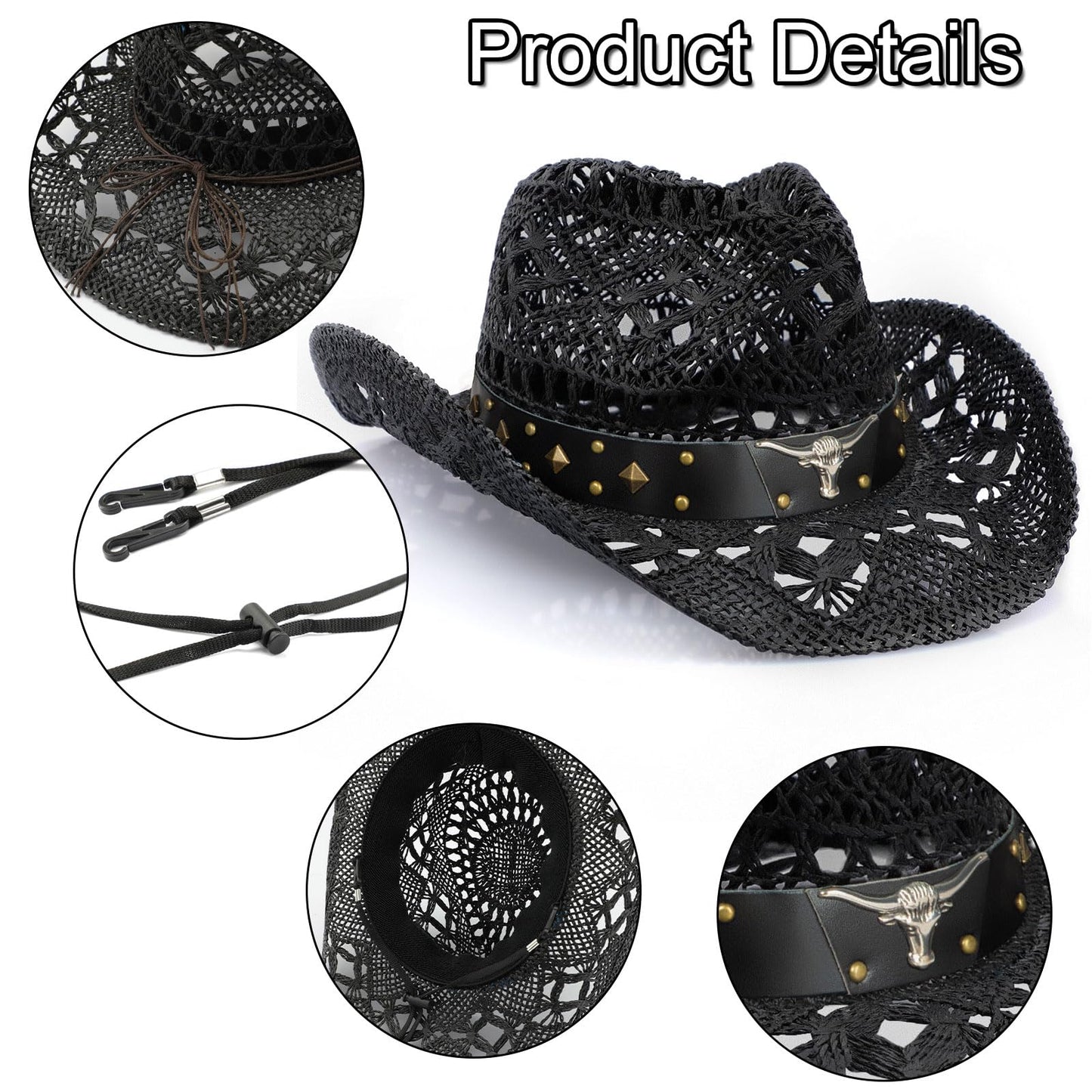 WQWOVRVO Cowboy Hat,Cowgirl Hat,Cowboy Hats for Women/Mens/Straw Wide with Shapeable Brim Cowboy Hat for Womens/White/Black.