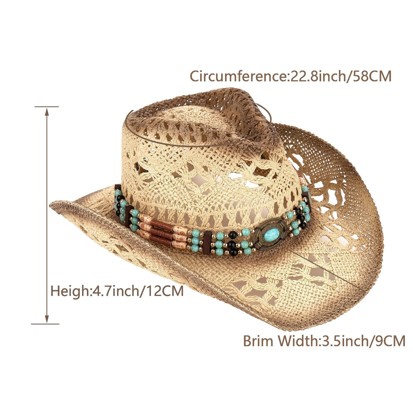 Men's Women's Straw Cowboy Hat Cowgirl Woven Sun Hat Western Cowboy Hat Two Decorative Bands