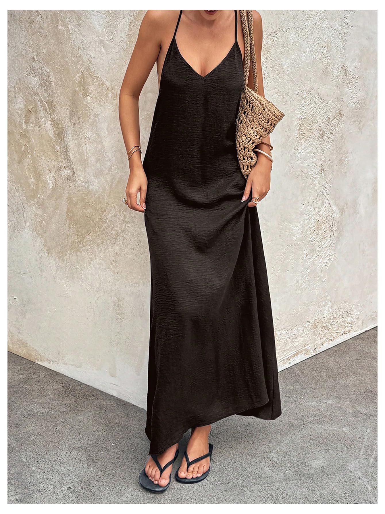Verdusa Women's Backless Cami Dress Long Maxi Flowy Linen Dresses Summer Vacation Beach Outfits Sun Dress