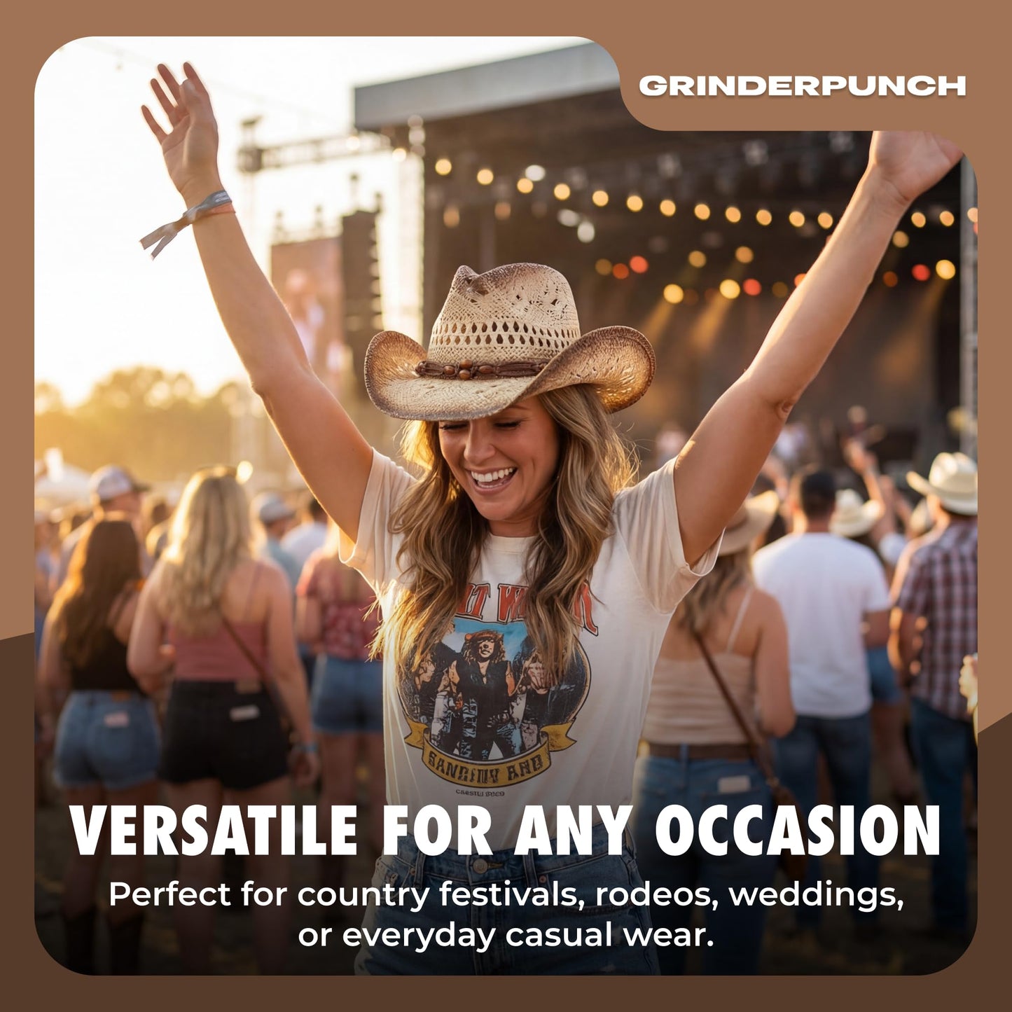 grinderPUNCH Western Outback Cowboy Hat Men's Women's Style Classic Straw Western Cowgirl Hat