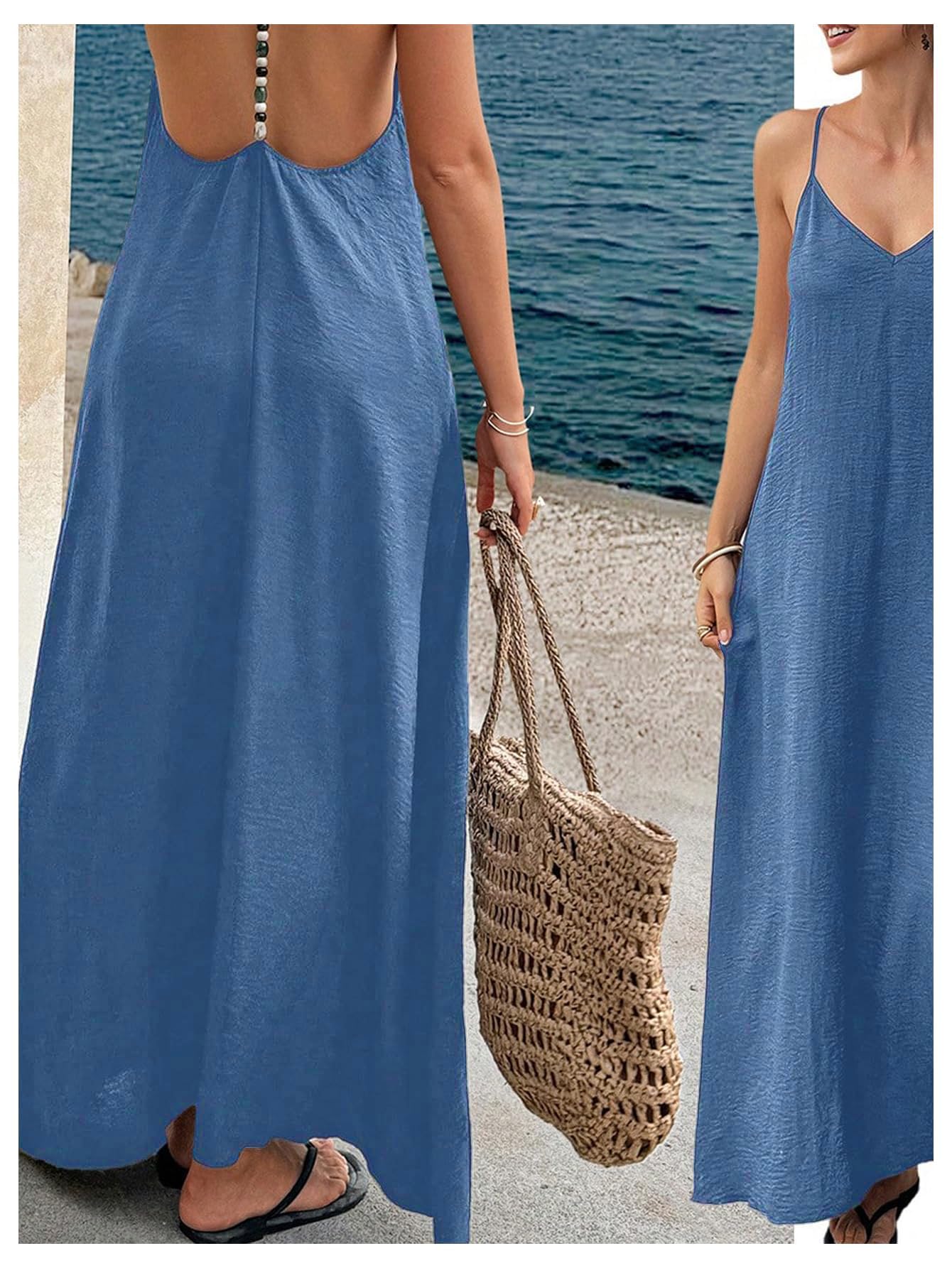 Verdusa Women's Backless Cami Dress Long Maxi Flowy Linen Dresses Summer Vacation Beach Outfits Sun Dress