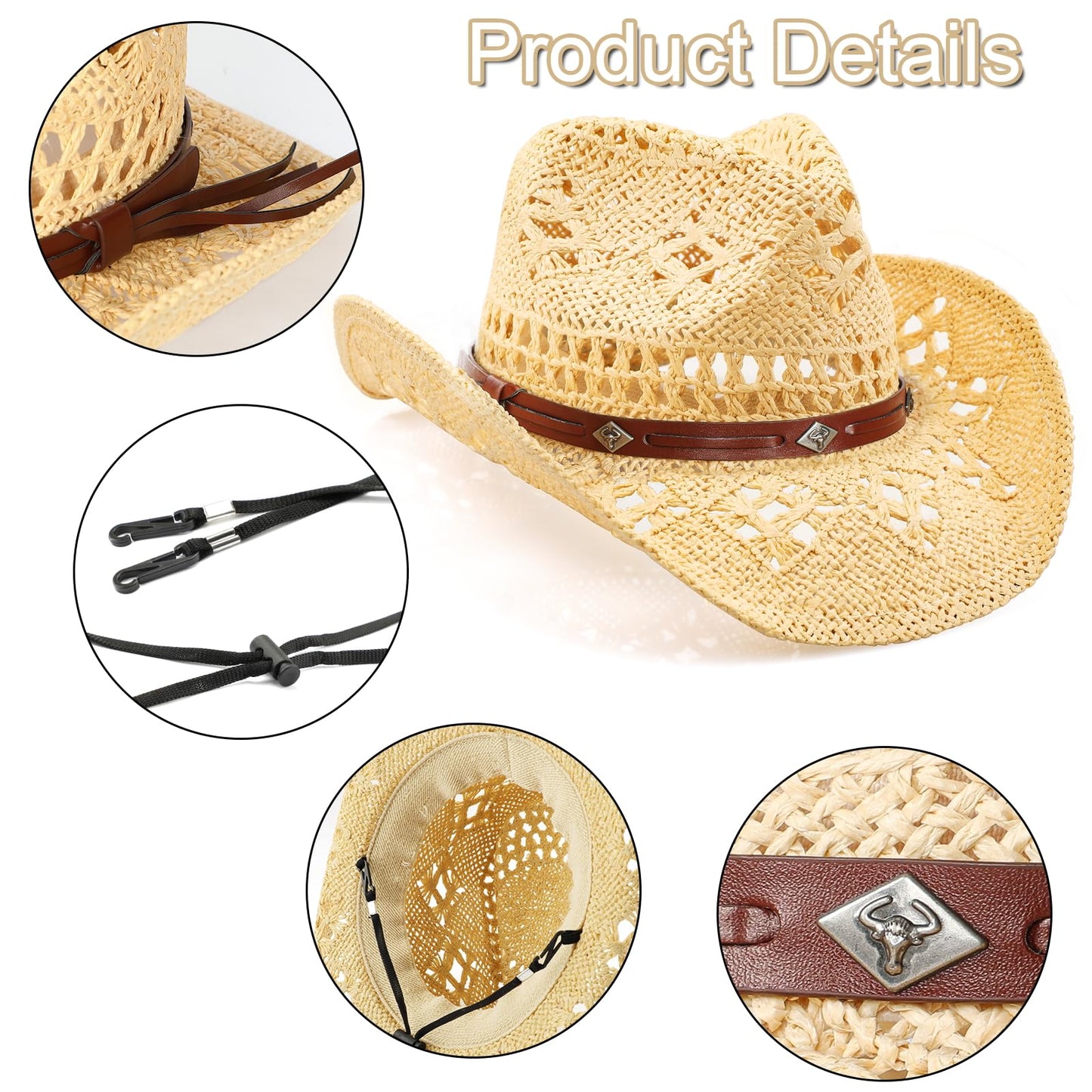 WQWOVRVO Cowboy Hat,Cowgirl Hat,Cowboy Hats for Women/Mens/Straw Wide with Shapeable Brim Cowboy Hat for Womens/White/Black.