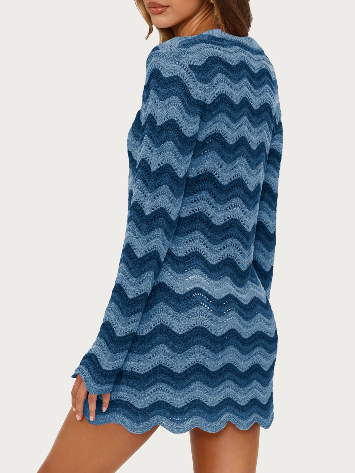 Women's Crochet Colorful Mesh Summer Long Sleeve Cover Ups Casual Striped Beach Wear Knit Mini Dresses