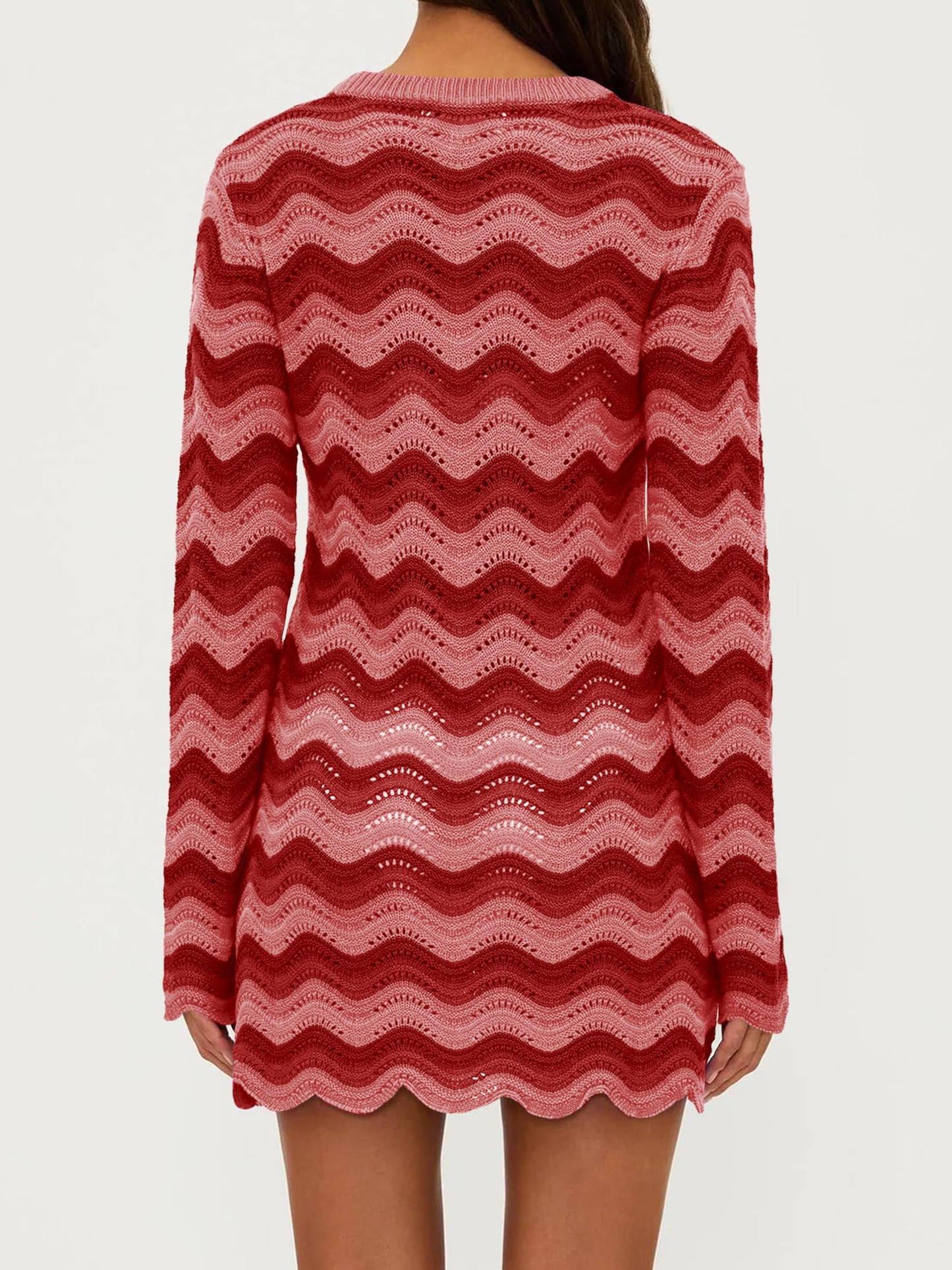 Women's Crochet Colorful Mesh Summer Long Sleeve Cover Ups Casual Striped Beach Wear Knit Mini Dresses