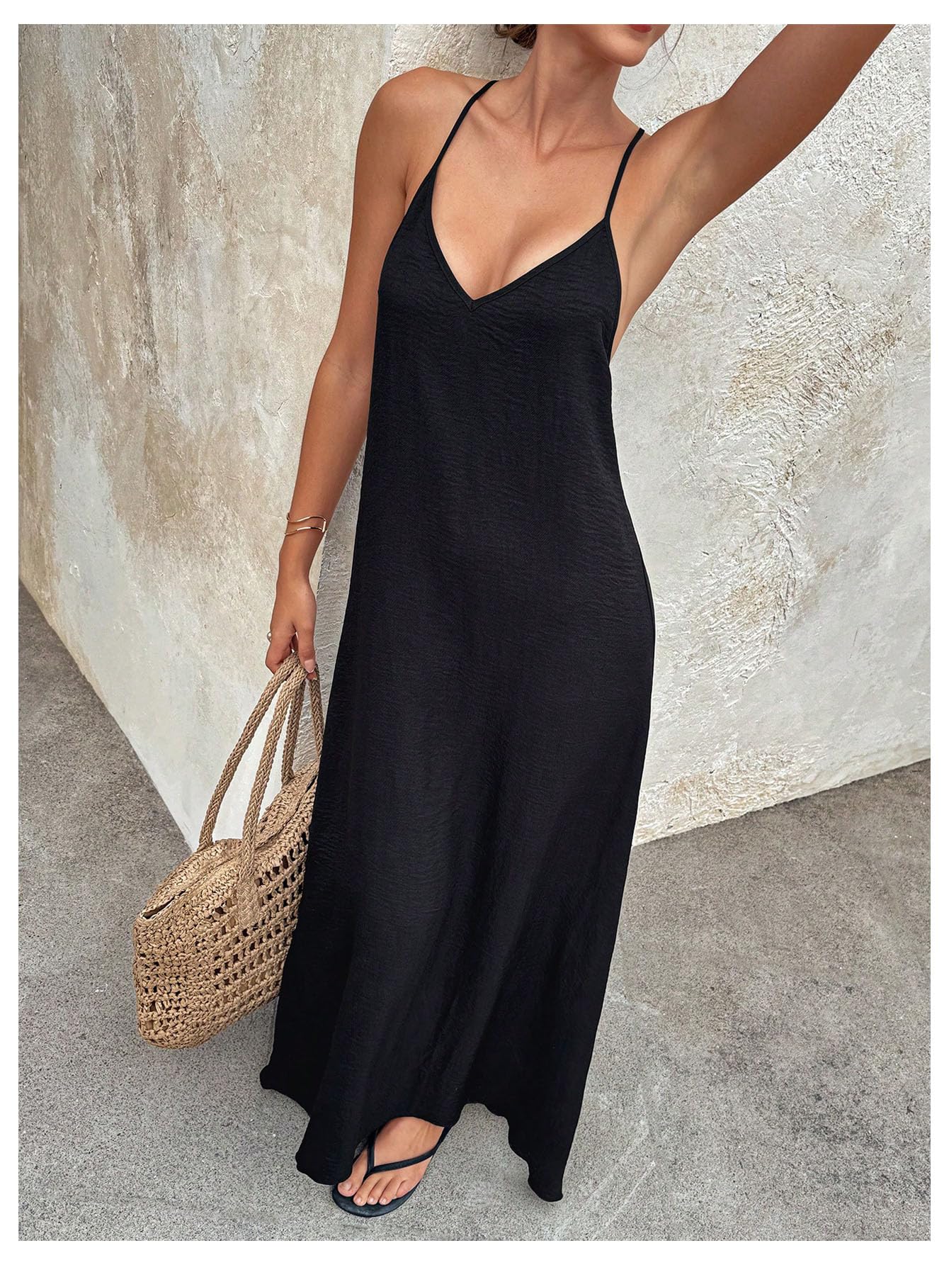 Verdusa Women's Backless Cami Dress Long Maxi Flowy Linen Dresses Summer Vacation Beach Outfits Sun Dress