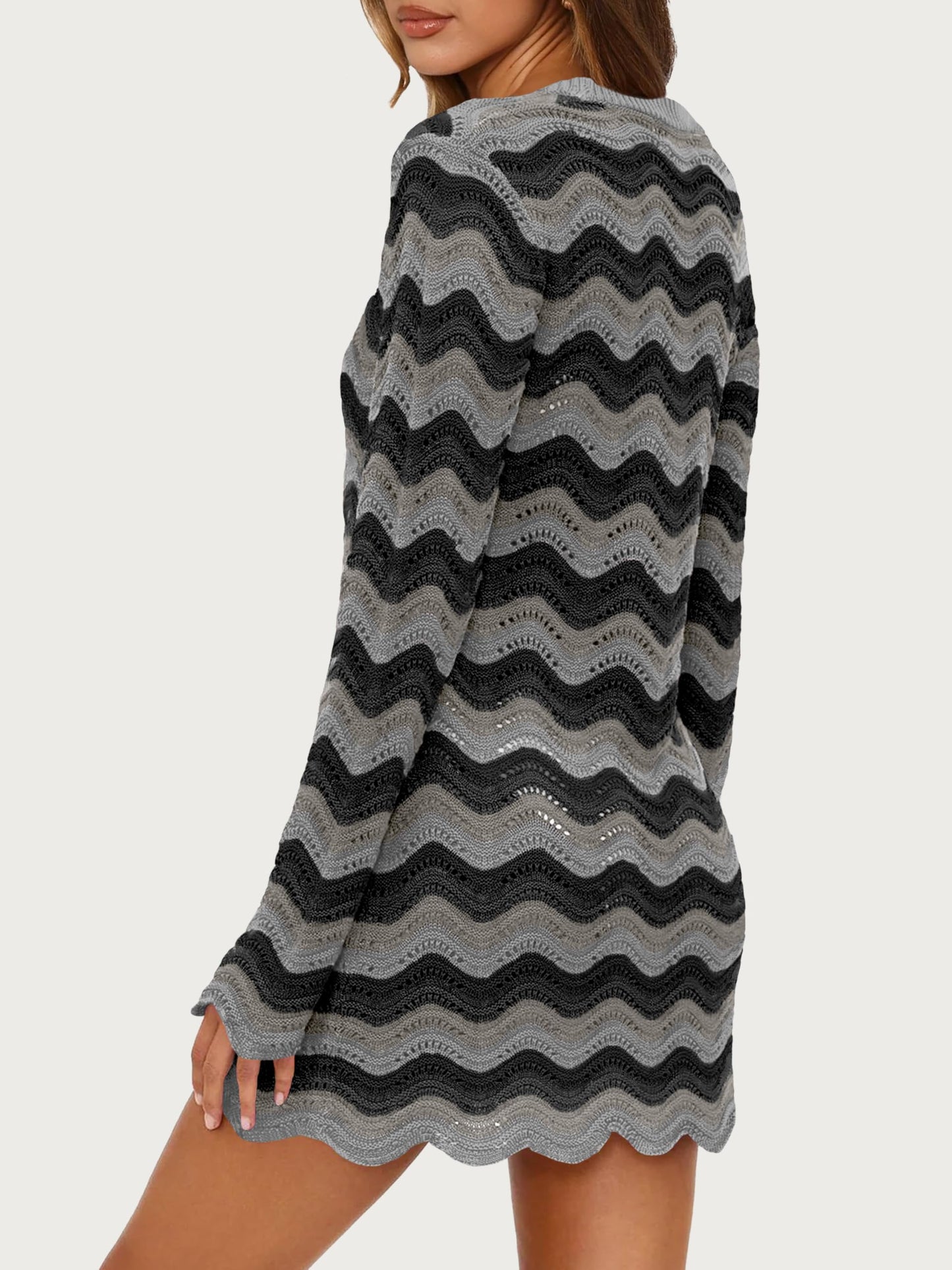 Women's Crochet Colorful Mesh Summer Long Sleeve Cover Ups Casual Striped Beach Wear Knit Mini Dresses