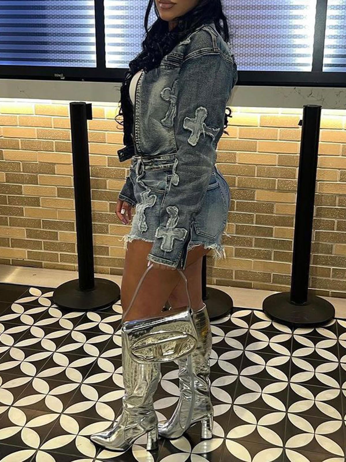 Denim Short Sets Women 2 Piece Outfits Long Sleeve Zip Up Cropped Jacket Raw Hem Skinny Jean Shorts Set