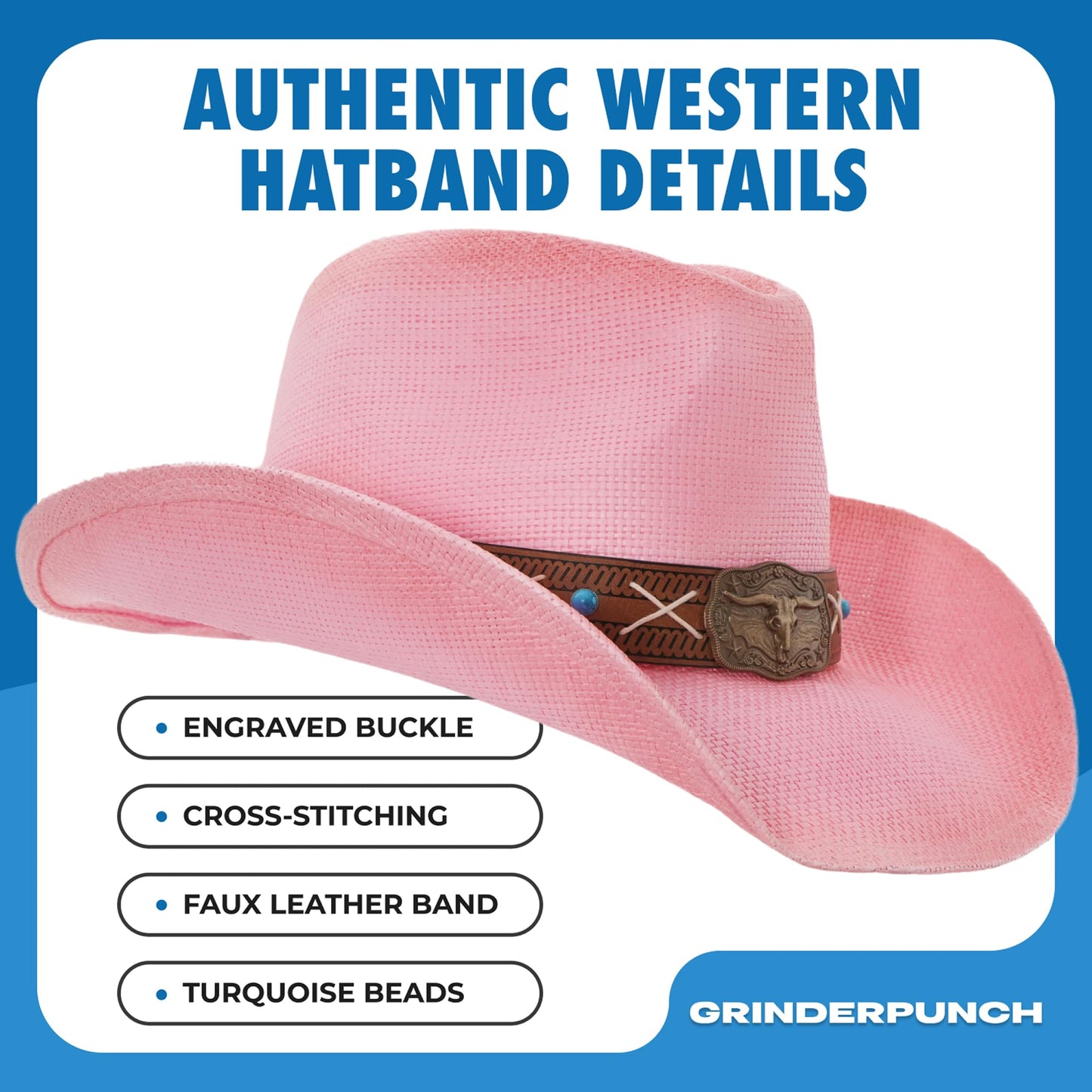 grinderPUNCH Western Outback Cowboy Hat Men's Women's Style Classic Straw Western Cowgirl Hat