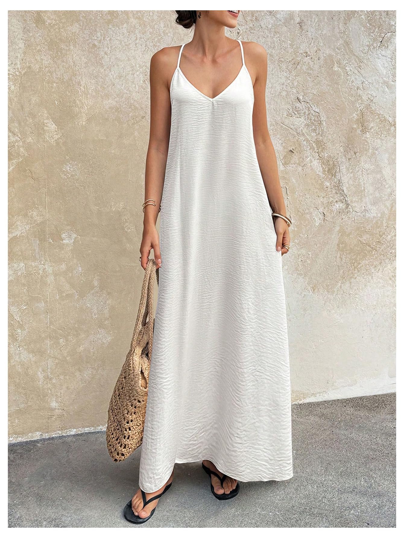 Verdusa Women's Backless Cami Dress Long Maxi Flowy Linen Dresses Summer Vacation Beach Outfits Sun Dress