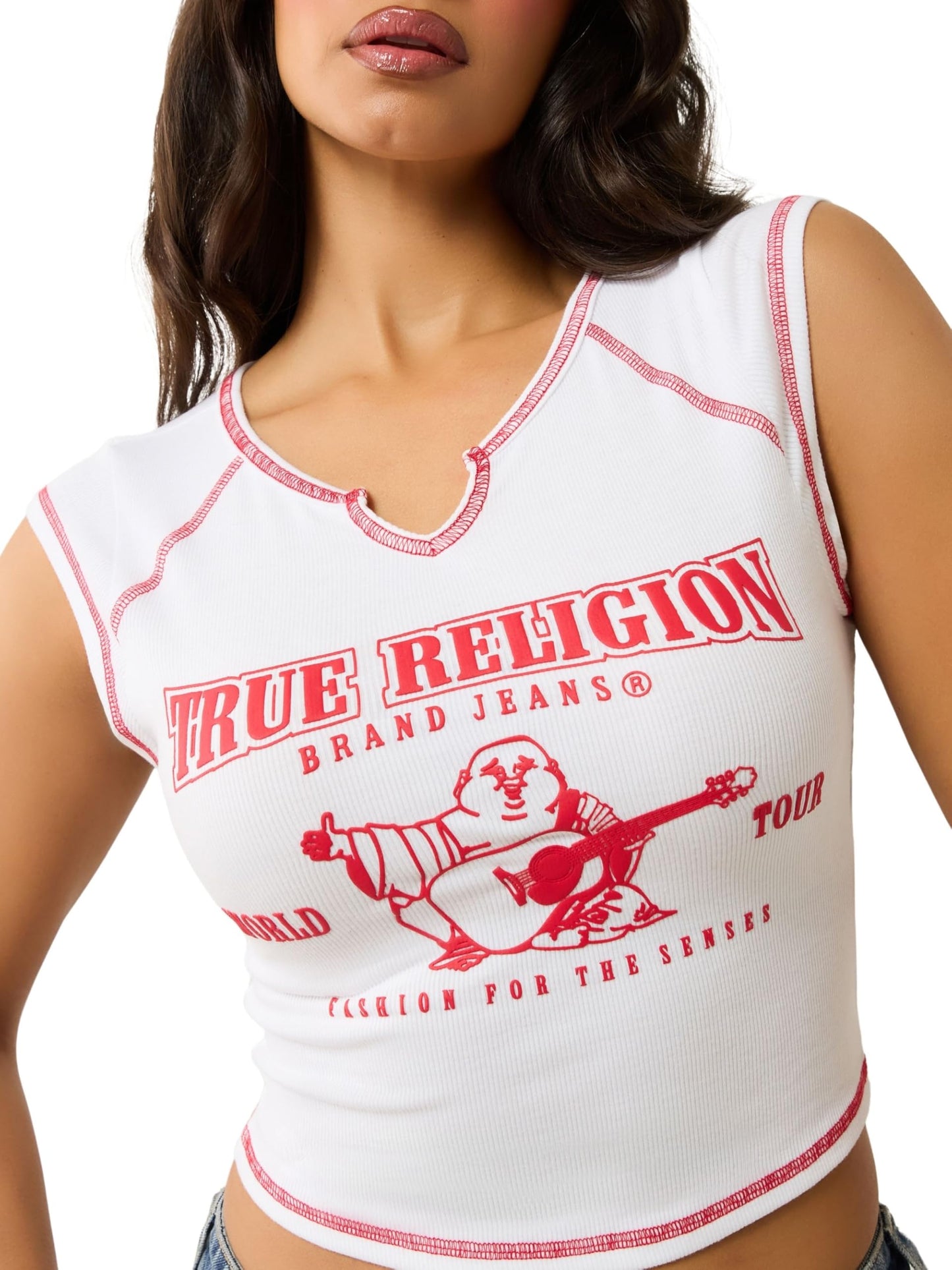 True Religion Women's SRS Contrast Stitch Rib Notched Tee - Casual Crew Neck T-Shirt