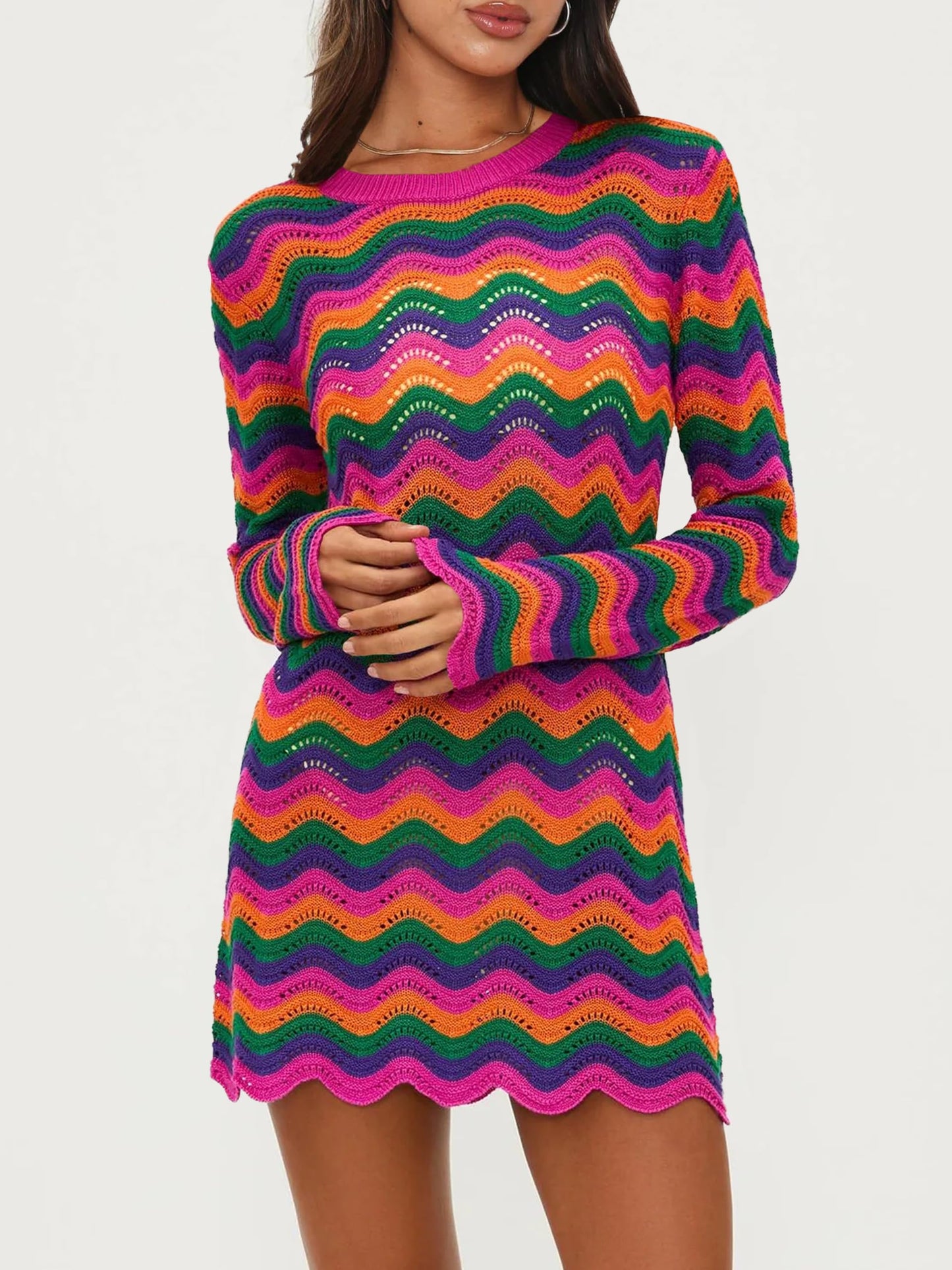 Women's Crochet Colorful Mesh Summer Long Sleeve Cover Ups Casual Striped Beach Wear Knit Mini Dresses