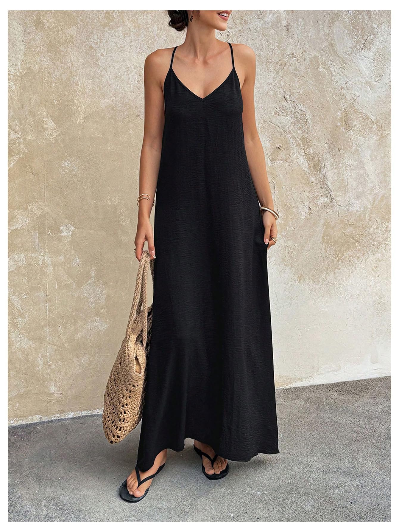 Verdusa Women's Backless Cami Dress Long Maxi Flowy Linen Dresses Summer Vacation Beach Outfits Sun Dress