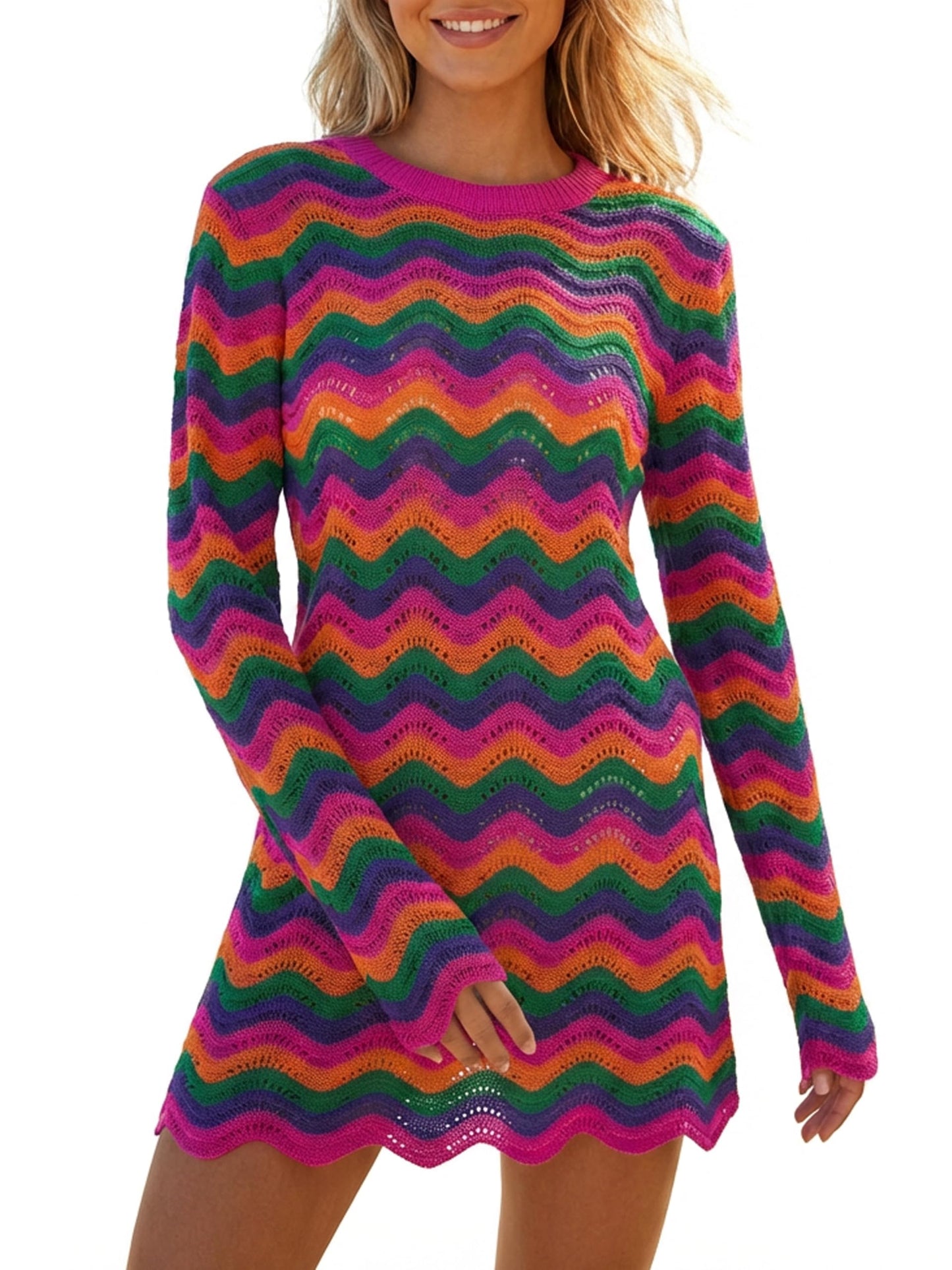 Women's Crochet Colorful Mesh Summer Long Sleeve Cover Ups Casual Striped Beach Wear Knit Mini Dresses