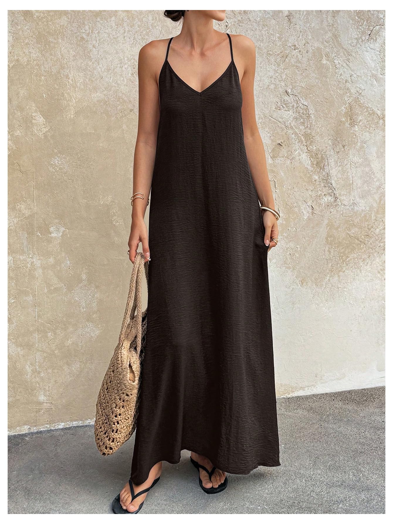 Verdusa Women's Backless Cami Dress Long Maxi Flowy Linen Dresses Summer Vacation Beach Outfits Sun Dress