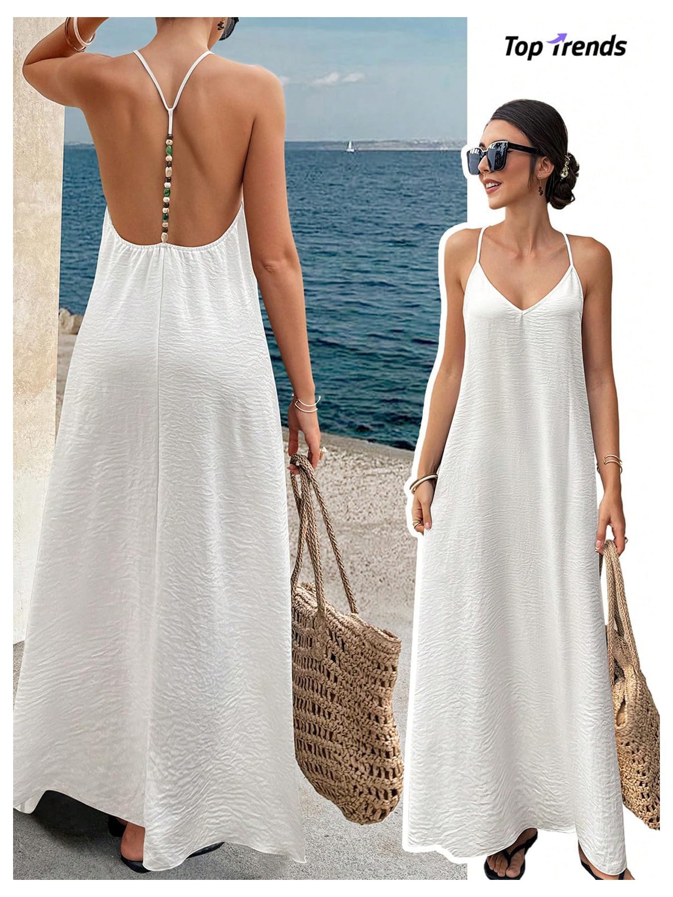Verdusa Women's Backless Cami Dress Long Maxi Flowy Linen Dresses Summer Vacation Beach Outfits Sun Dress