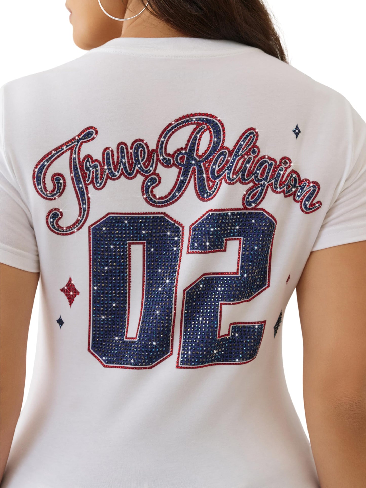 True Religion Women's Sporty Crystal V-Neck Tee – Short Sleeve Rhinestone Graphic T-Shirt