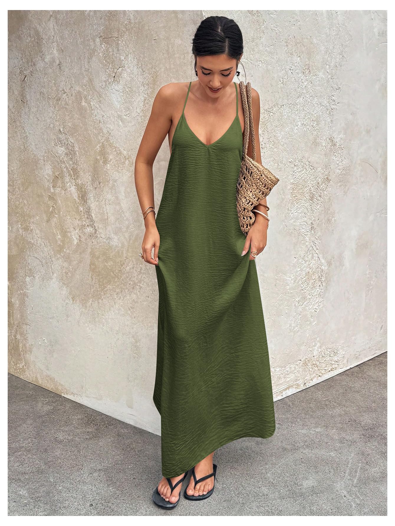 Verdusa Women's Backless Cami Dress Long Maxi Flowy Linen Dresses Summer Vacation Beach Outfits Sun Dress