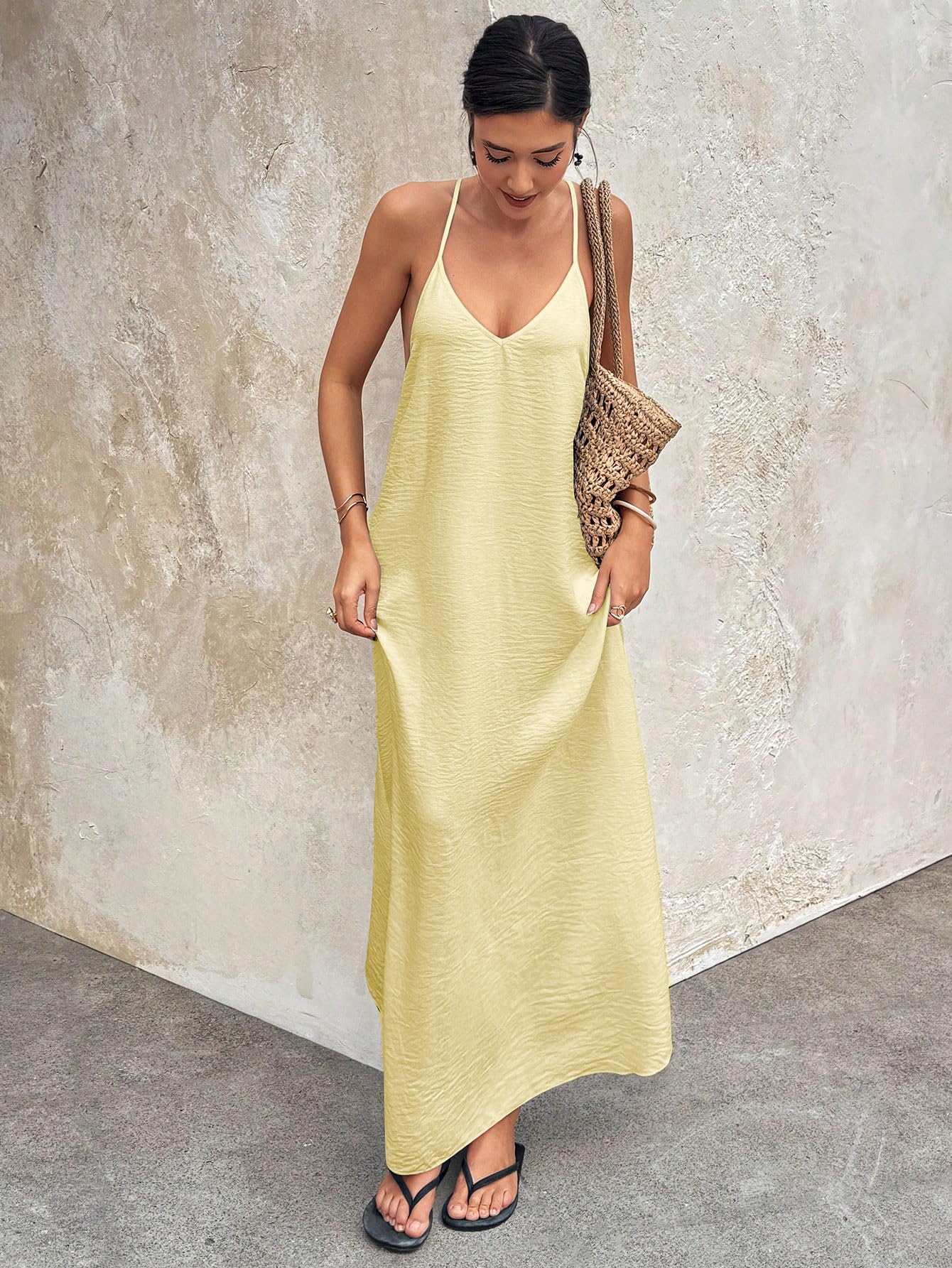 Verdusa Women's Backless Cami Dress Long Maxi Flowy Linen Dresses Summer Vacation Beach Outfits Sun Dress