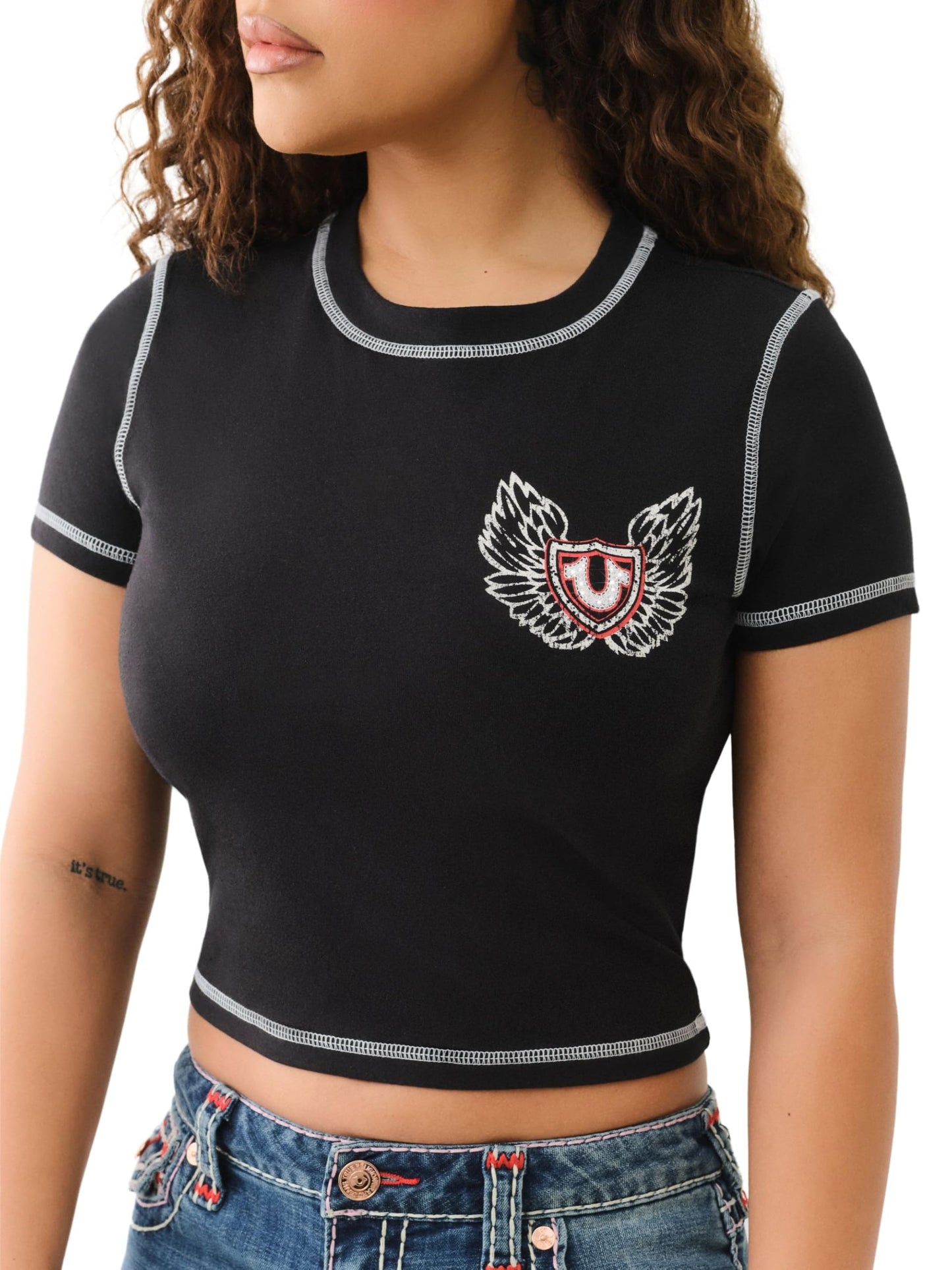 True Religion Women's Contrast Stitch Wing Baby Tee - Casual Crew Neck T-Shirt