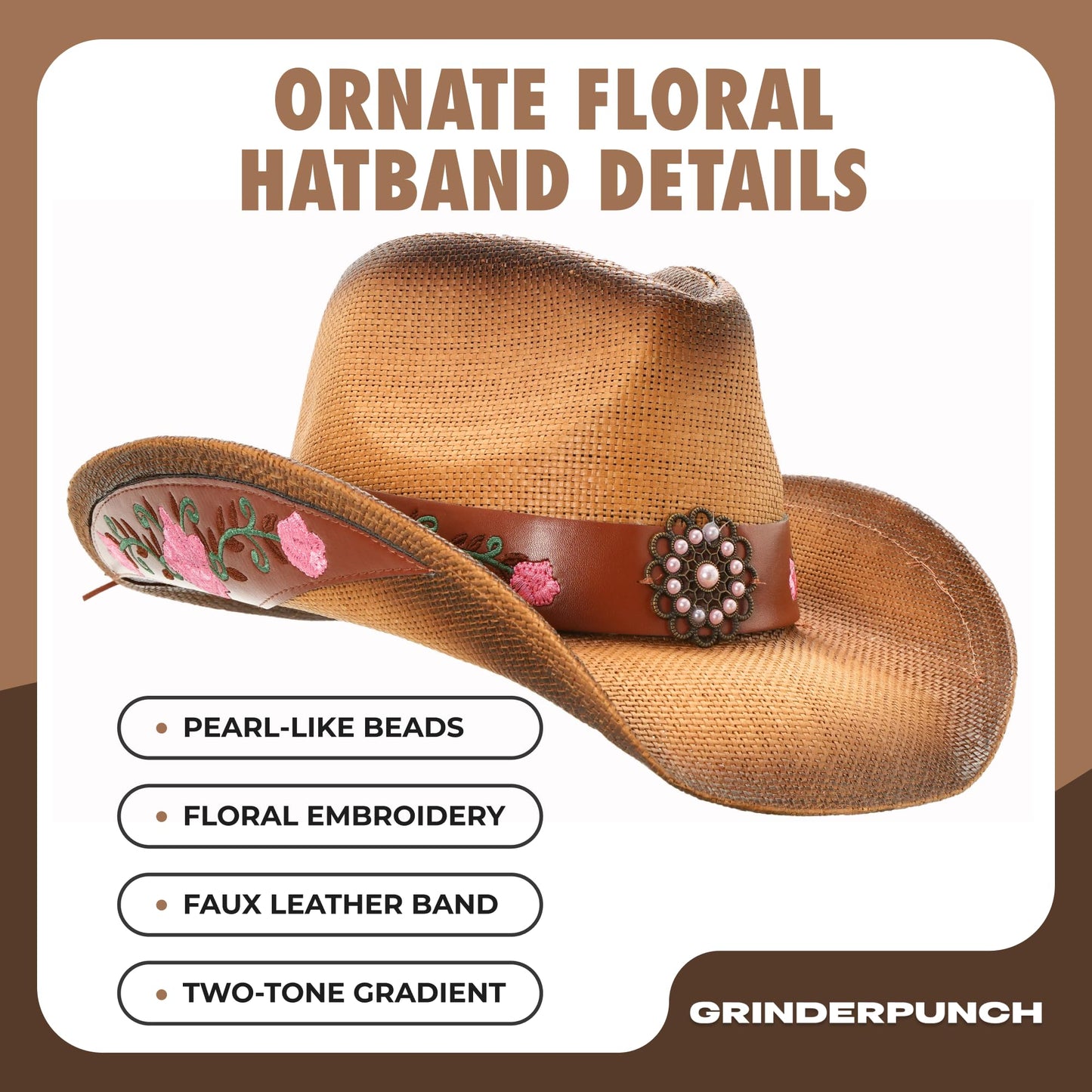 grinderPUNCH Western Outback Cowboy Hat Men's Women's Style Classic Straw Western Cowgirl Hat