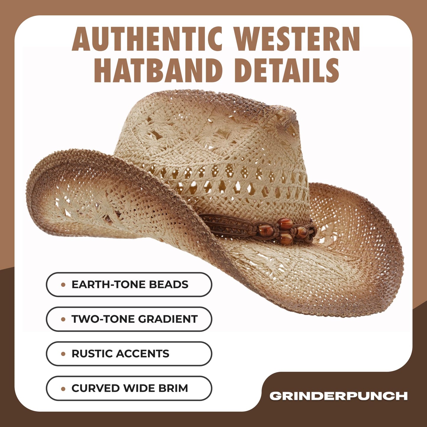 grinderPUNCH Western Outback Cowboy Hat Men's Women's Style Classic Straw Western Cowgirl Hat