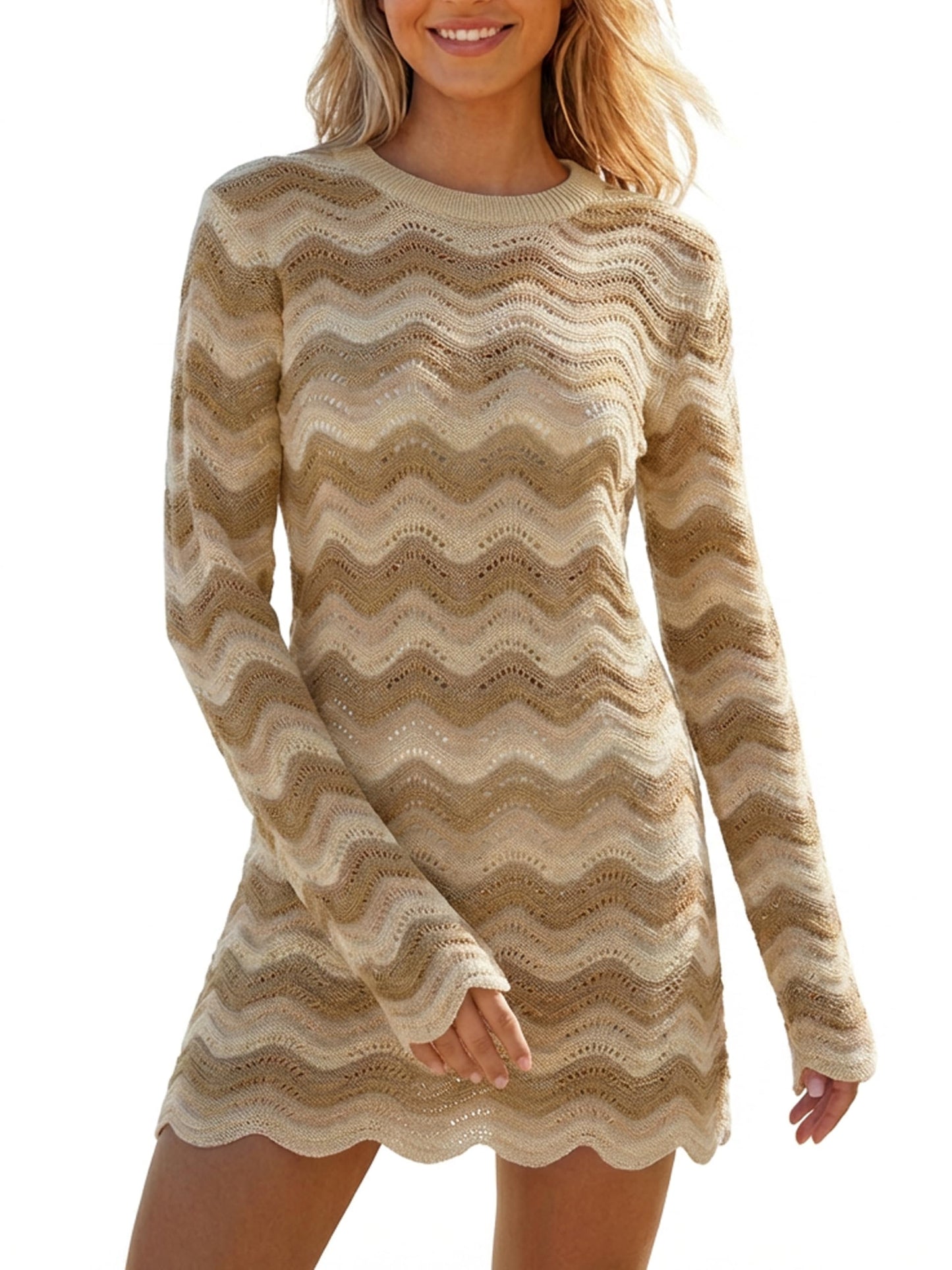 Women's Crochet Colorful Mesh Summer Long Sleeve Cover Ups Casual Striped Beach Wear Knit Mini Dresses