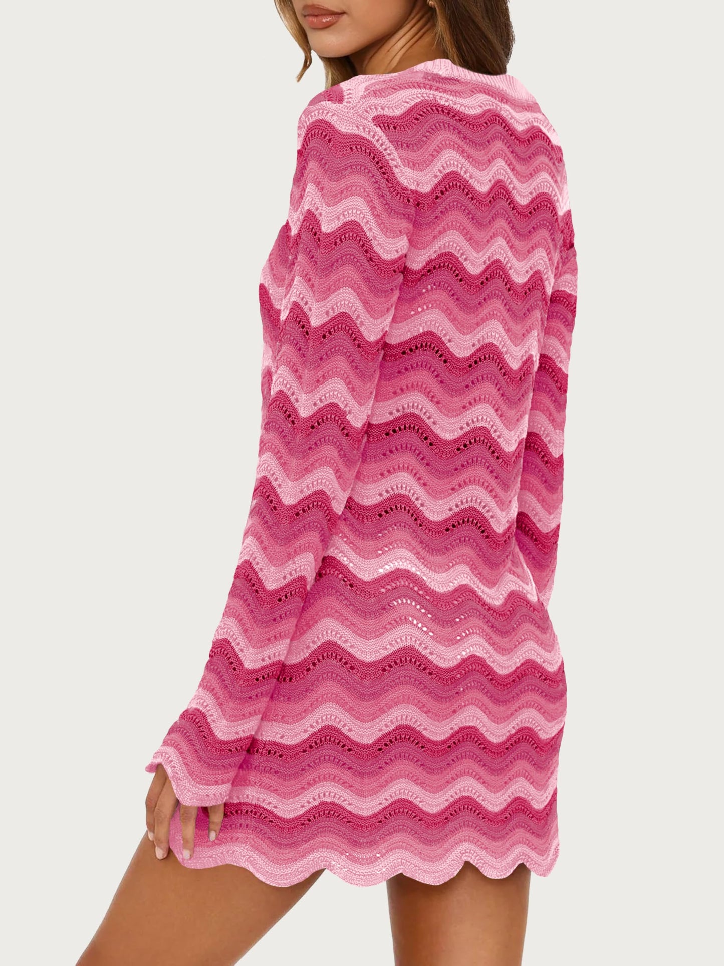 Women's Crochet Colorful Mesh Summer Long Sleeve Cover Ups Casual Striped Beach Wear Knit Mini Dresses
