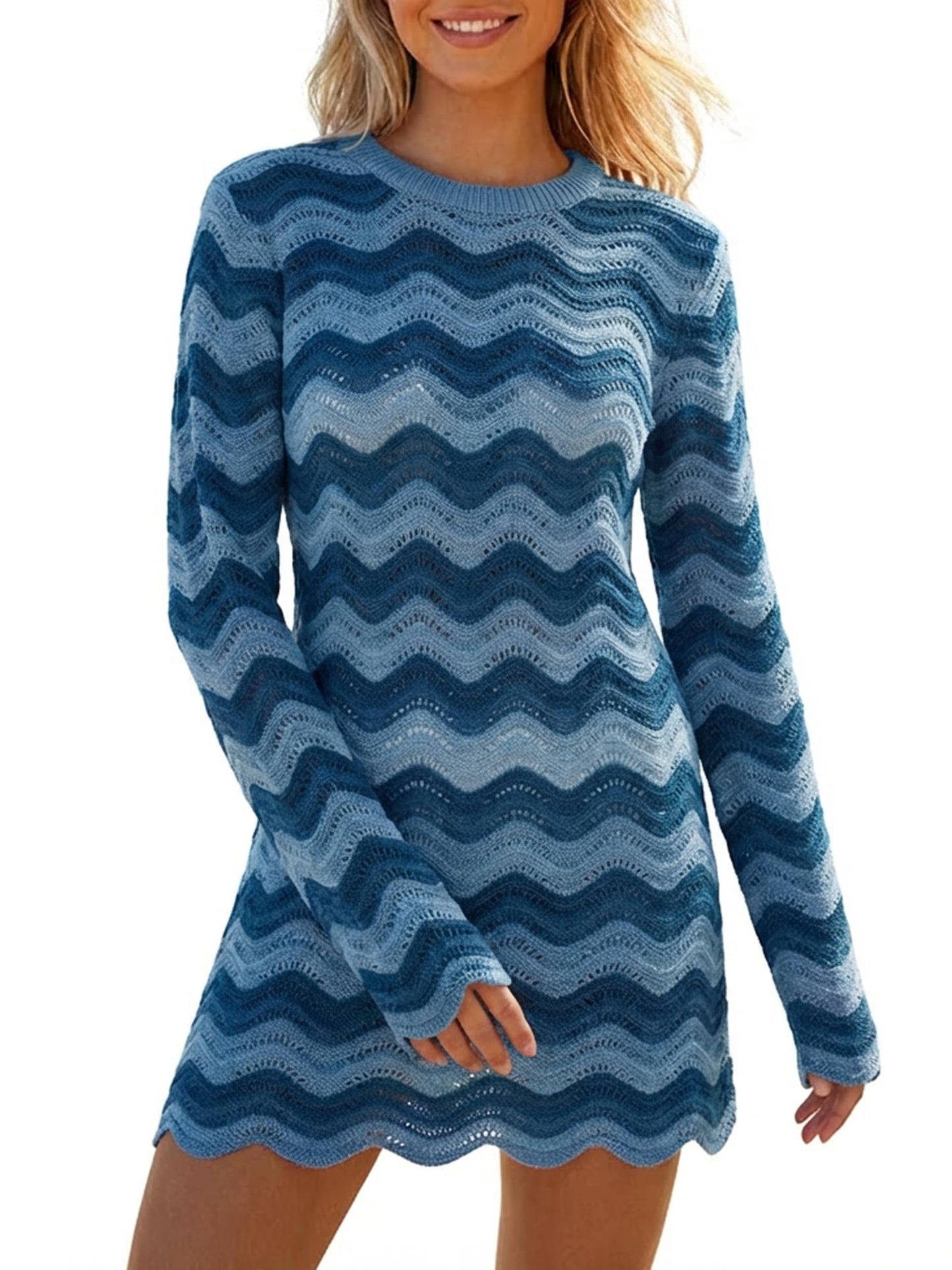 Women's Crochet Colorful Mesh Summer Long Sleeve Cover Ups Casual Striped Beach Wear Knit Mini Dresses