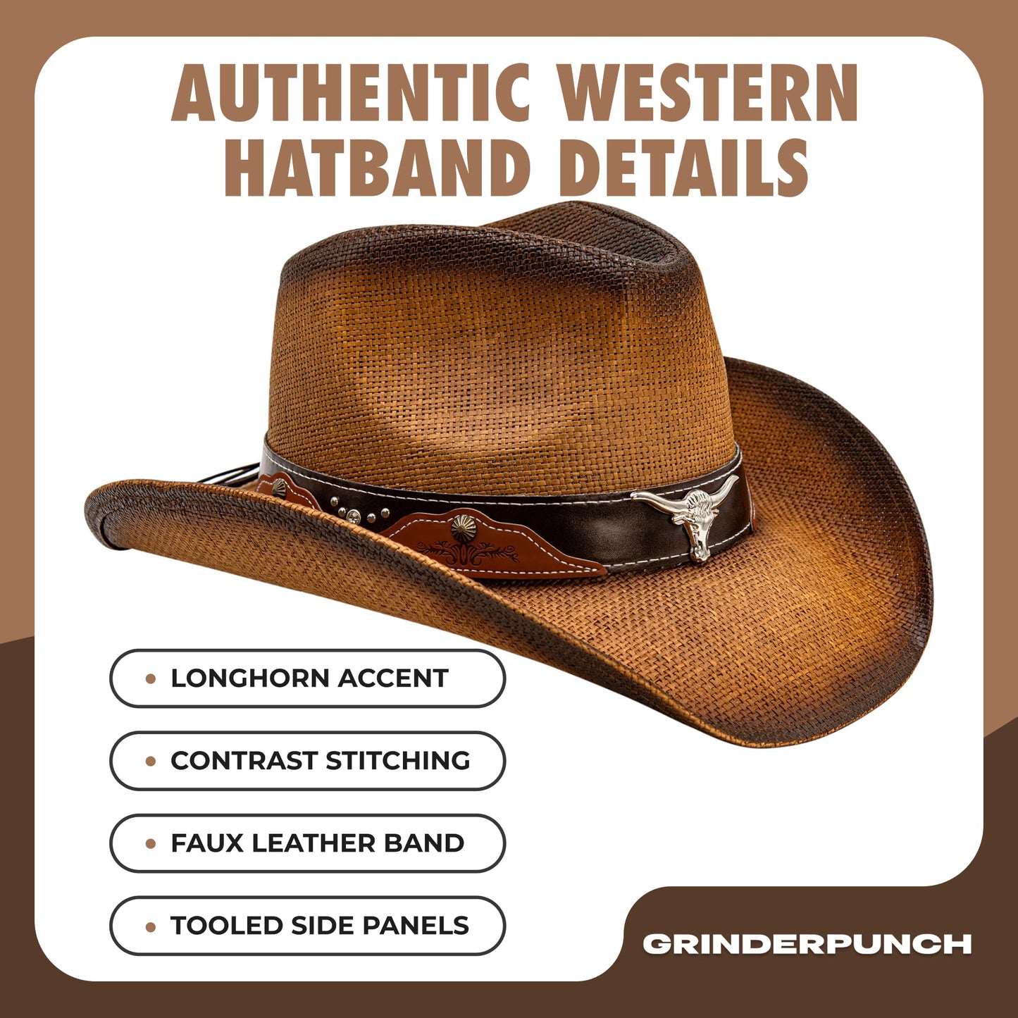 grinderPUNCH Western Outback Cowboy Hat Men's Women's Style Classic Straw Western Cowgirl Hat