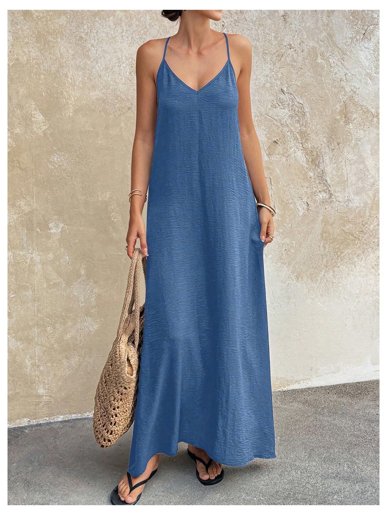Verdusa Women's Backless Cami Dress Long Maxi Flowy Linen Dresses Summer Vacation Beach Outfits Sun Dress