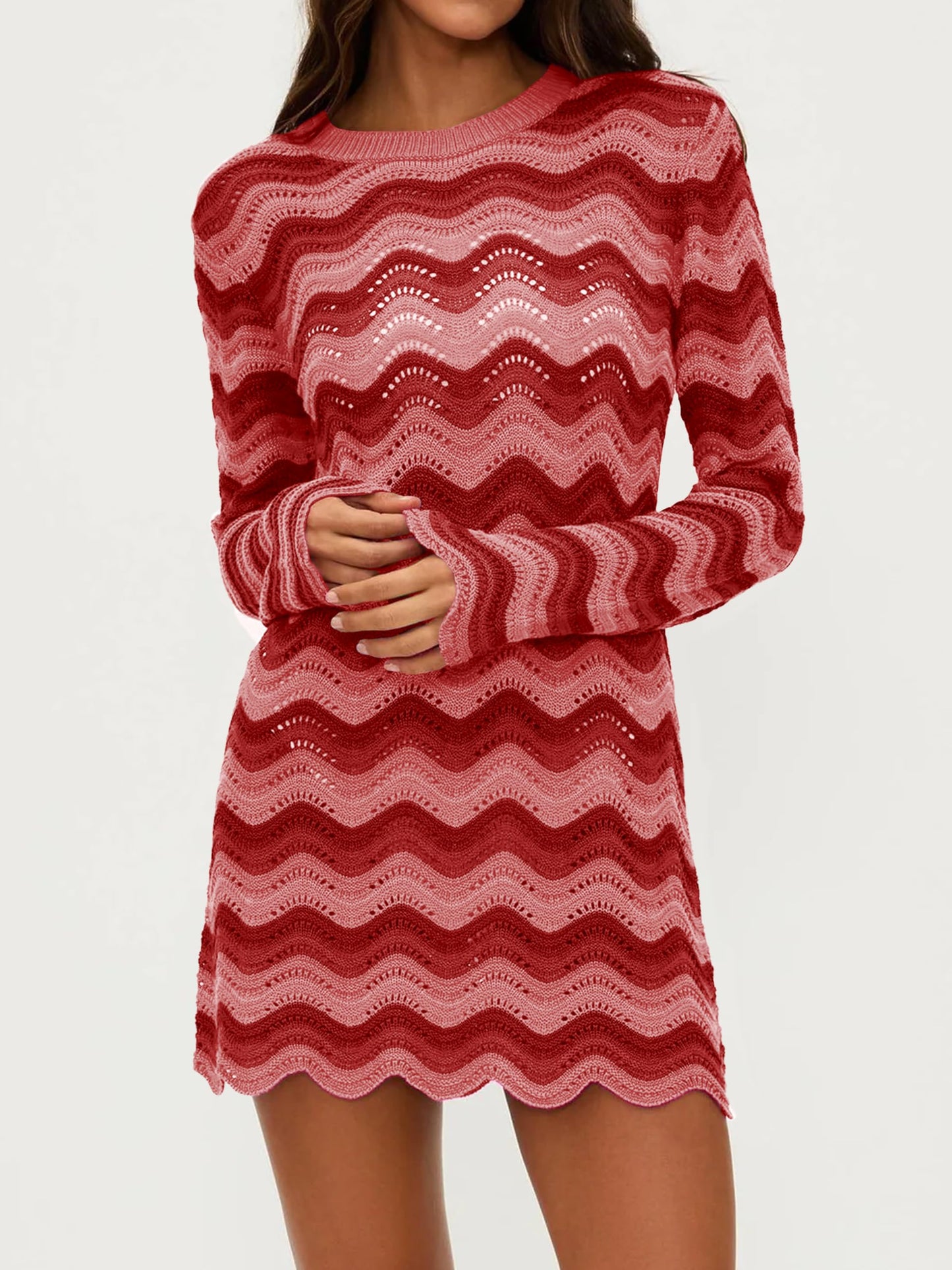 Women's Crochet Colorful Mesh Summer Long Sleeve Cover Ups Casual Striped Beach Wear Knit Mini Dresses