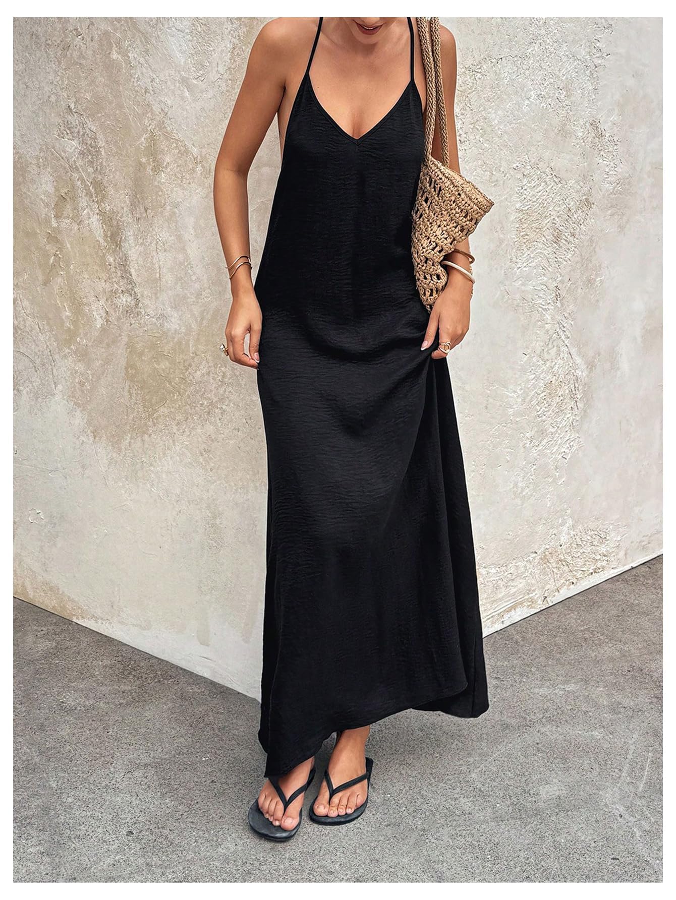 Verdusa Women's Backless Cami Dress Long Maxi Flowy Linen Dresses Summer Vacation Beach Outfits Sun Dress