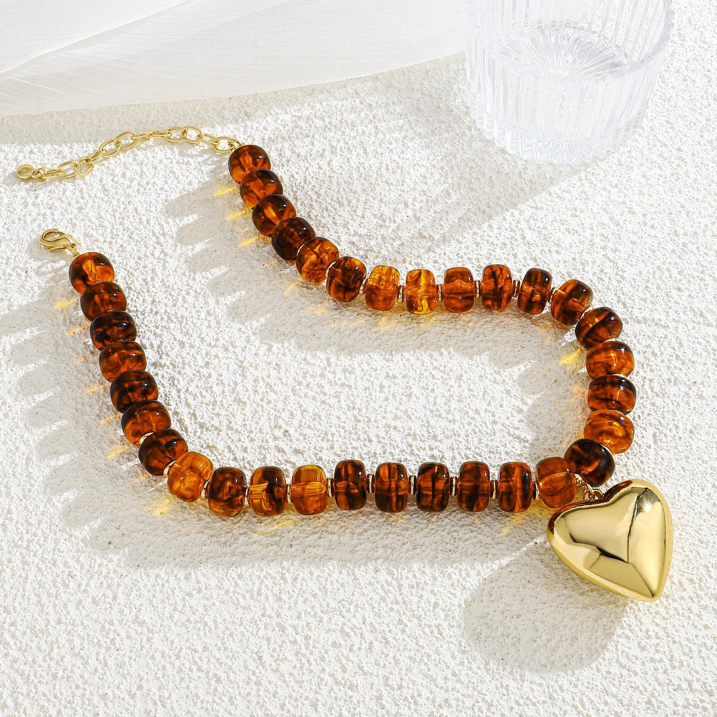 WOWORAMA Chunky Heart Necklaces for Women Colorful Resin Beaded Choker Necklace Gold Puffy Heart Statement Necklace Trendy Acrylic Choker Jewelry