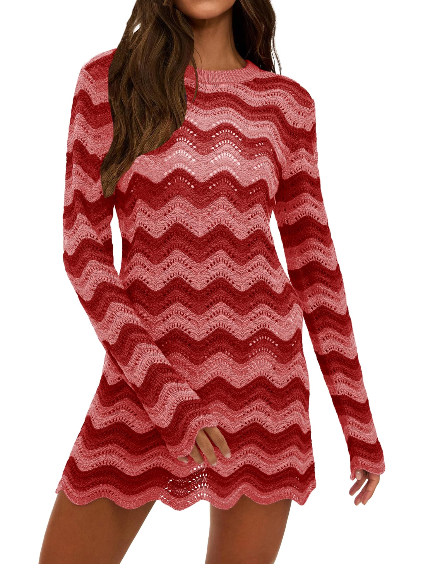 Women's Crochet Colorful Mesh Summer Long Sleeve Cover Ups Casual Striped Beach Wear Knit Mini Dresses