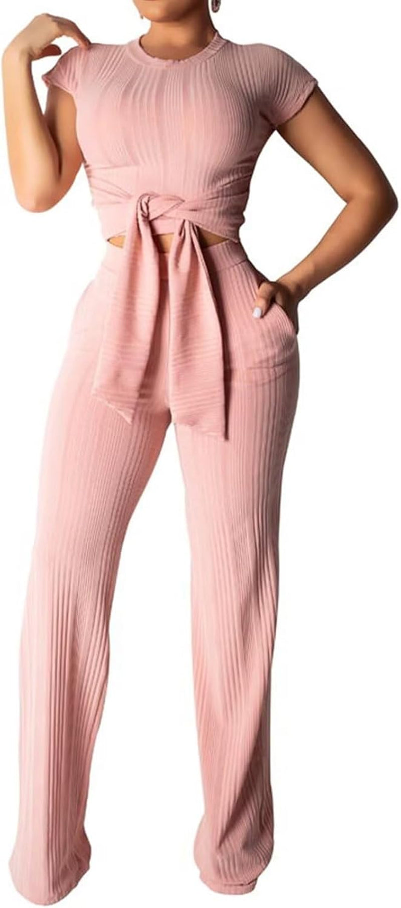 Women 2 Piece Outfits Summer Two Piece Pants Sets Sexy Tie Front Crop Top Wide Leg Casual Ribbed Outfit Pink X-Large